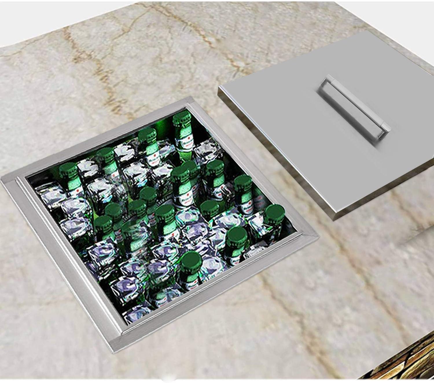20″ Drop-In Ice Chest 304 Stainless Steel Drop-In Ice Bin Cooler Perfect for Colding Wine Beer Drinks in Your BBQ Island(Drain-Pipe and Plug