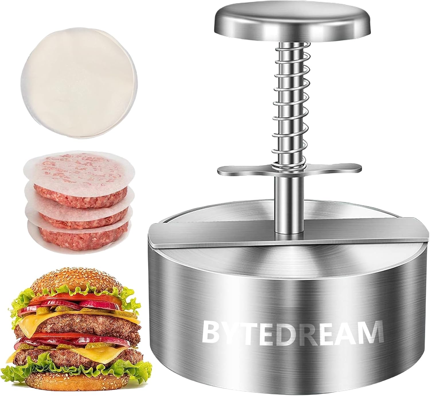 BYTEDREAM Prensa de hamburguesas, molde para hamburguesas de acero inoxidable de grado alimenticio, libre de 100 cortezas de hamburguesas para uso