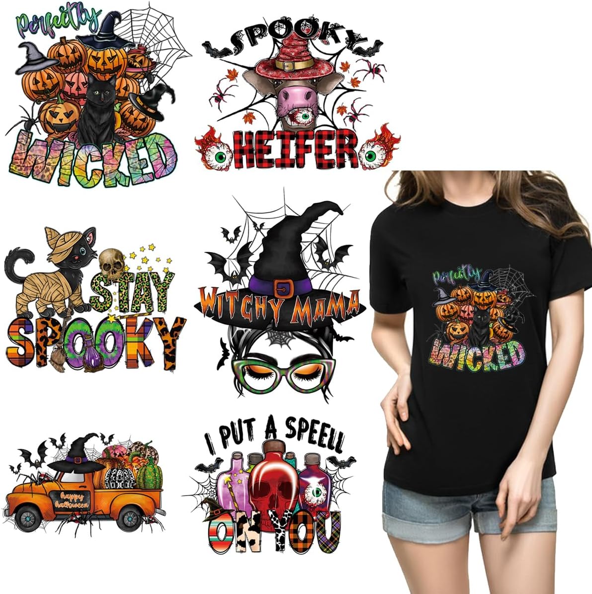 6 parches termoadhesivos de Halloween para ropa, camisetas, telaraña, calabaza, murciélagos, diseños de transferencia de calor, calcomanías de