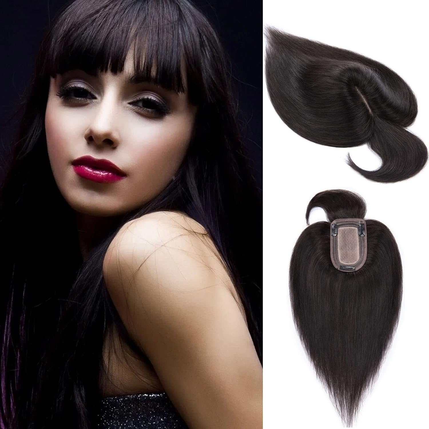S-noilite Toppers para el cabello para mujer, con flequillo, 8 pulgadas, base de seda negra natural #1B, clip en la parte superior para mujeres con