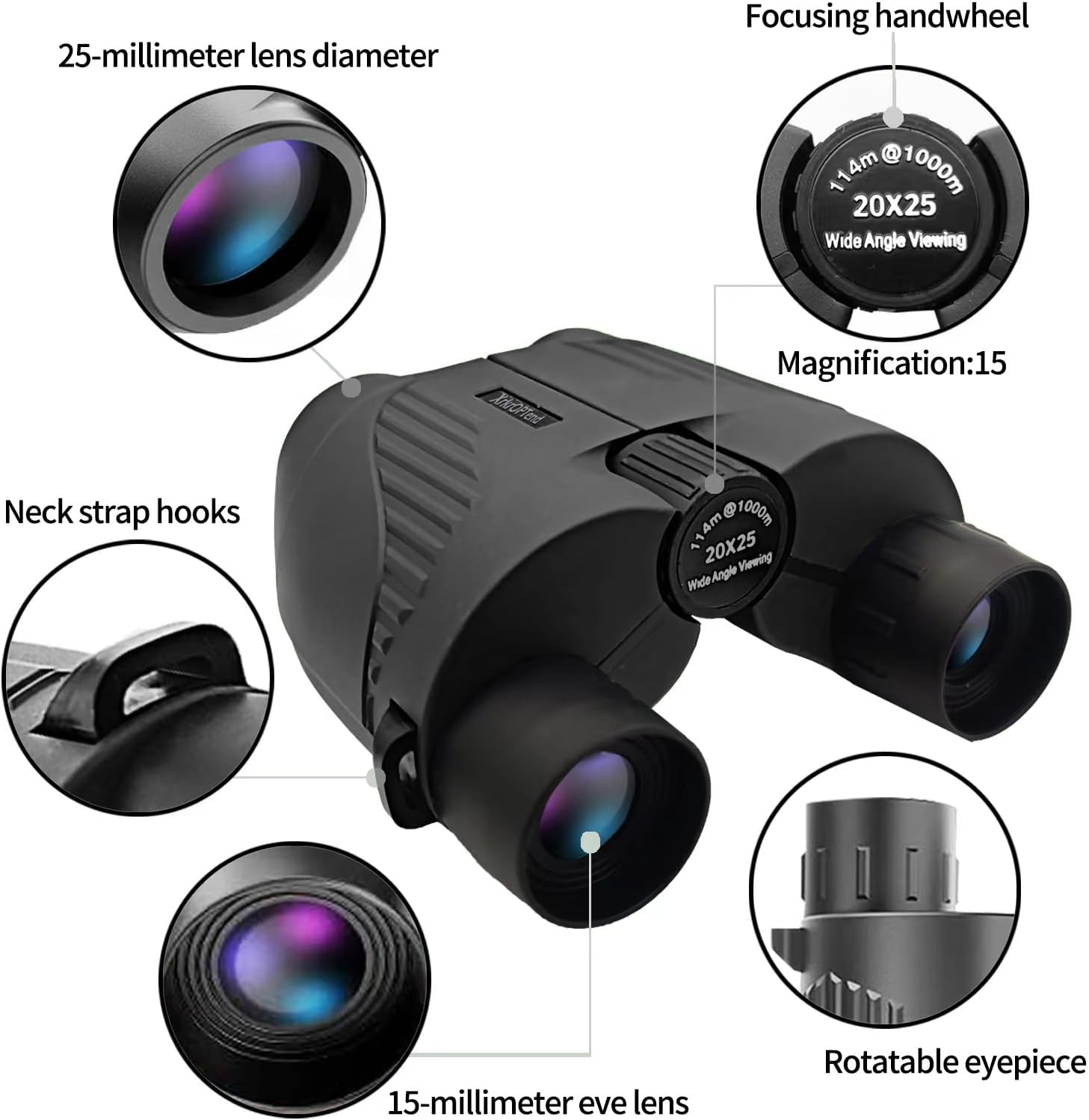 Binoculares compactos con correa para niños y adultos, 20 x 25 de alta potencia, mini binocus de visión nocturna transparente con poca luz con