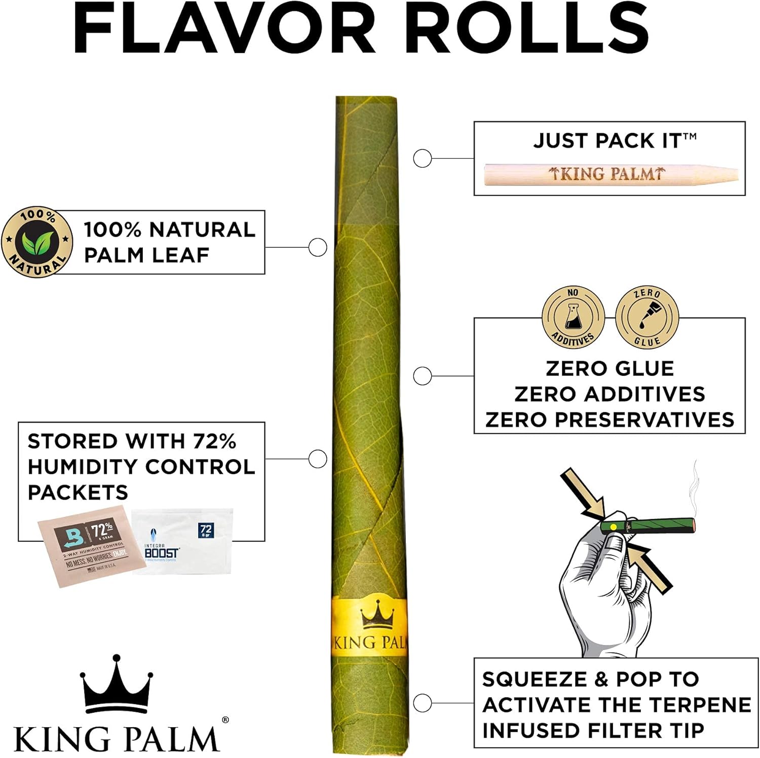 King Palm Conos de tamaño delgado  (2 paquetes, 4 rollos)  Pre rollos para apretar y reventar  Conos preenrollados con sabor orgánico  Pre rollos de
