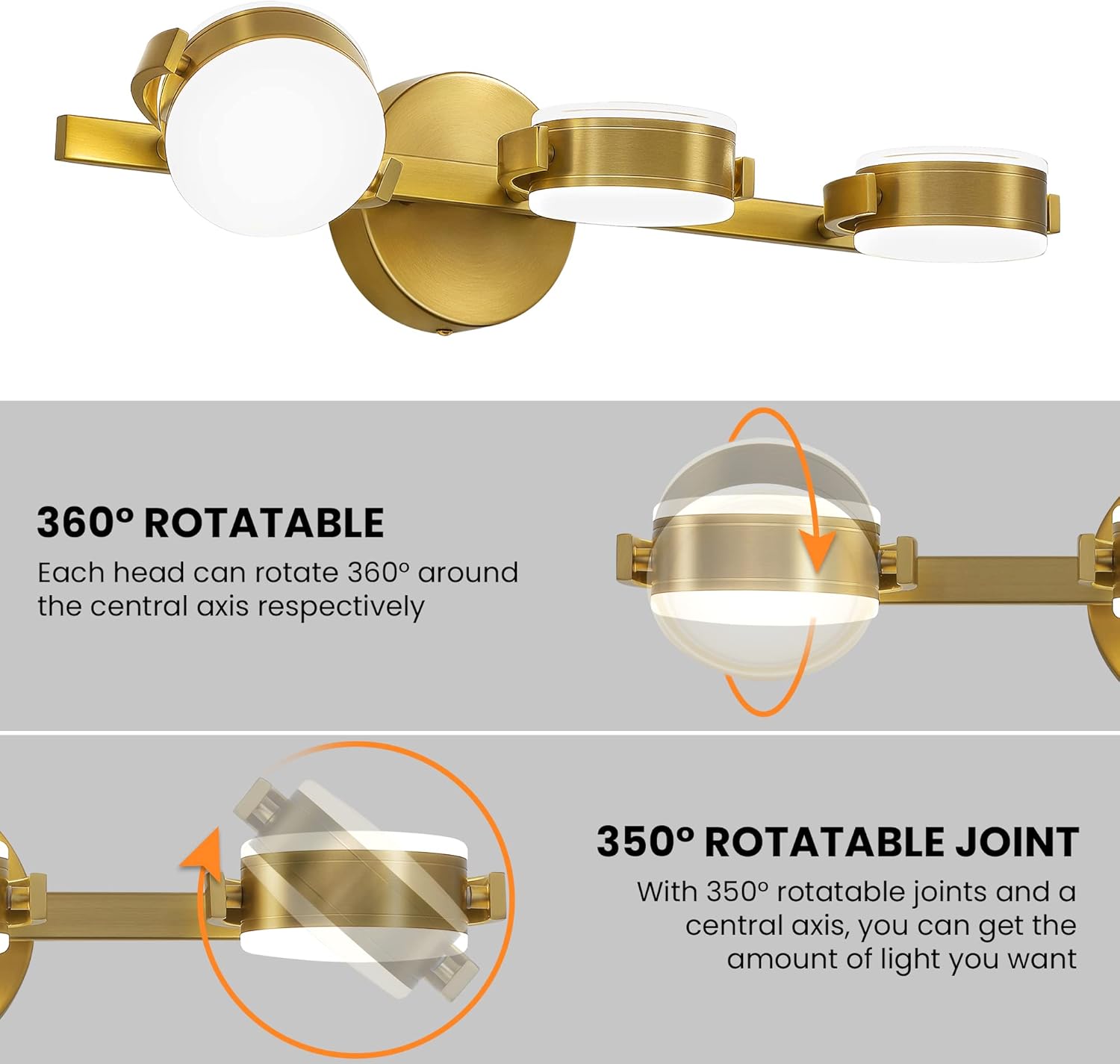 Luces de baño sobre el espejo 3 luces de oro cepillado LED giratorias de 360 para tocador de baño – Modernas lámparas de montaje en pared de 30 W