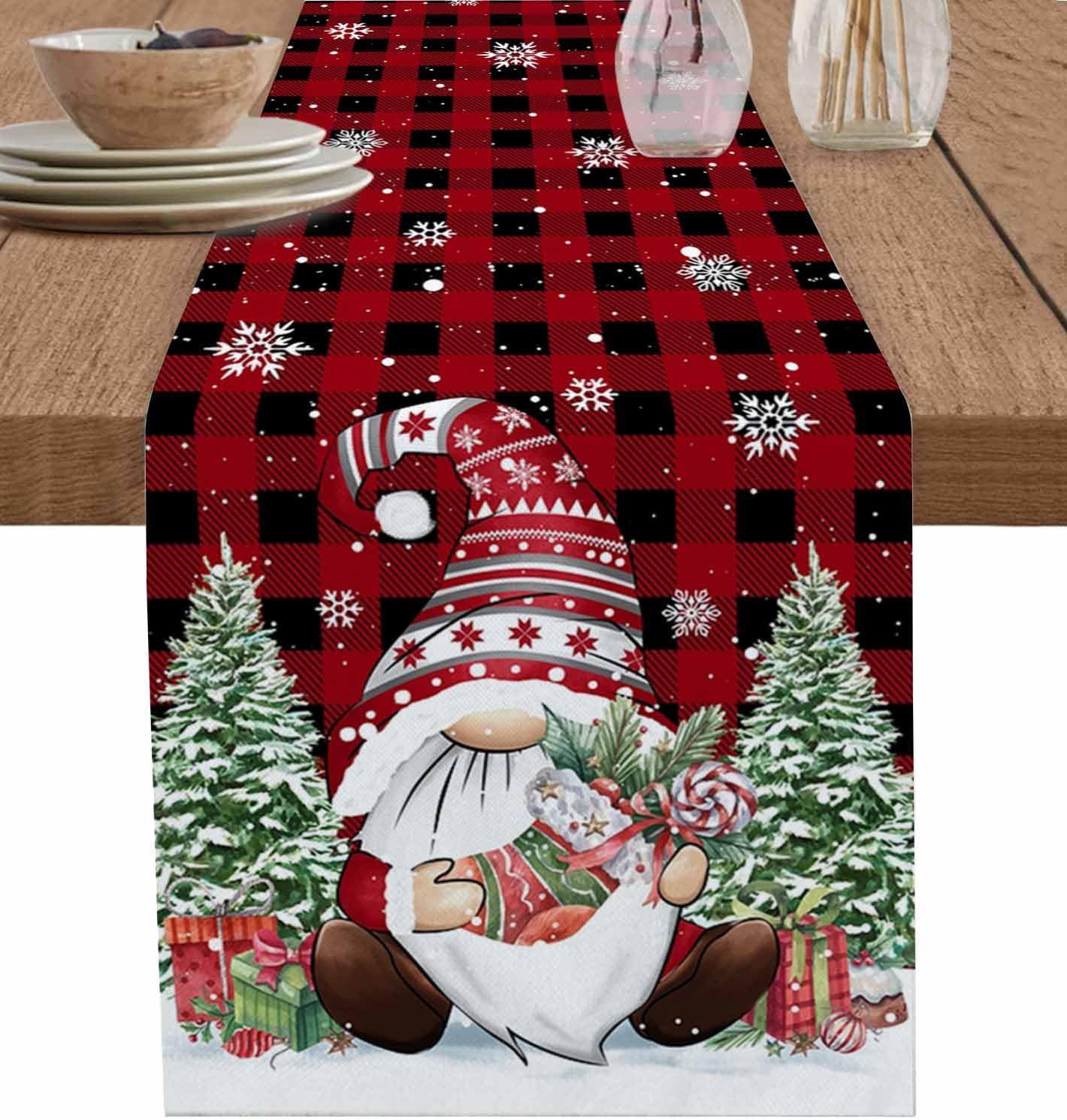Camino de mesa de gnomo de Navidad a cuadros, copos de nieve de invierno y árbol de Navidad, bufandas de cocina, comedor, caminos de mesa para