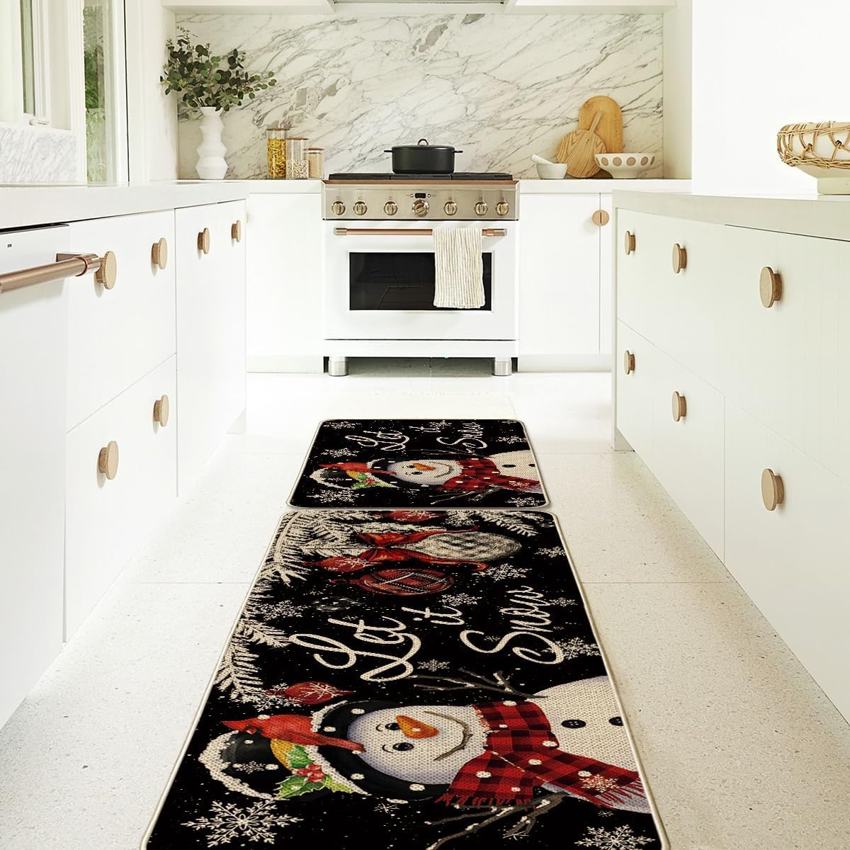 Artoid Mode Juego de 2 tapetes de cocina de Navidad con diseño de muñeco de nieve y copo de nieve negro, decoración del hogar, alfombras de cocina
