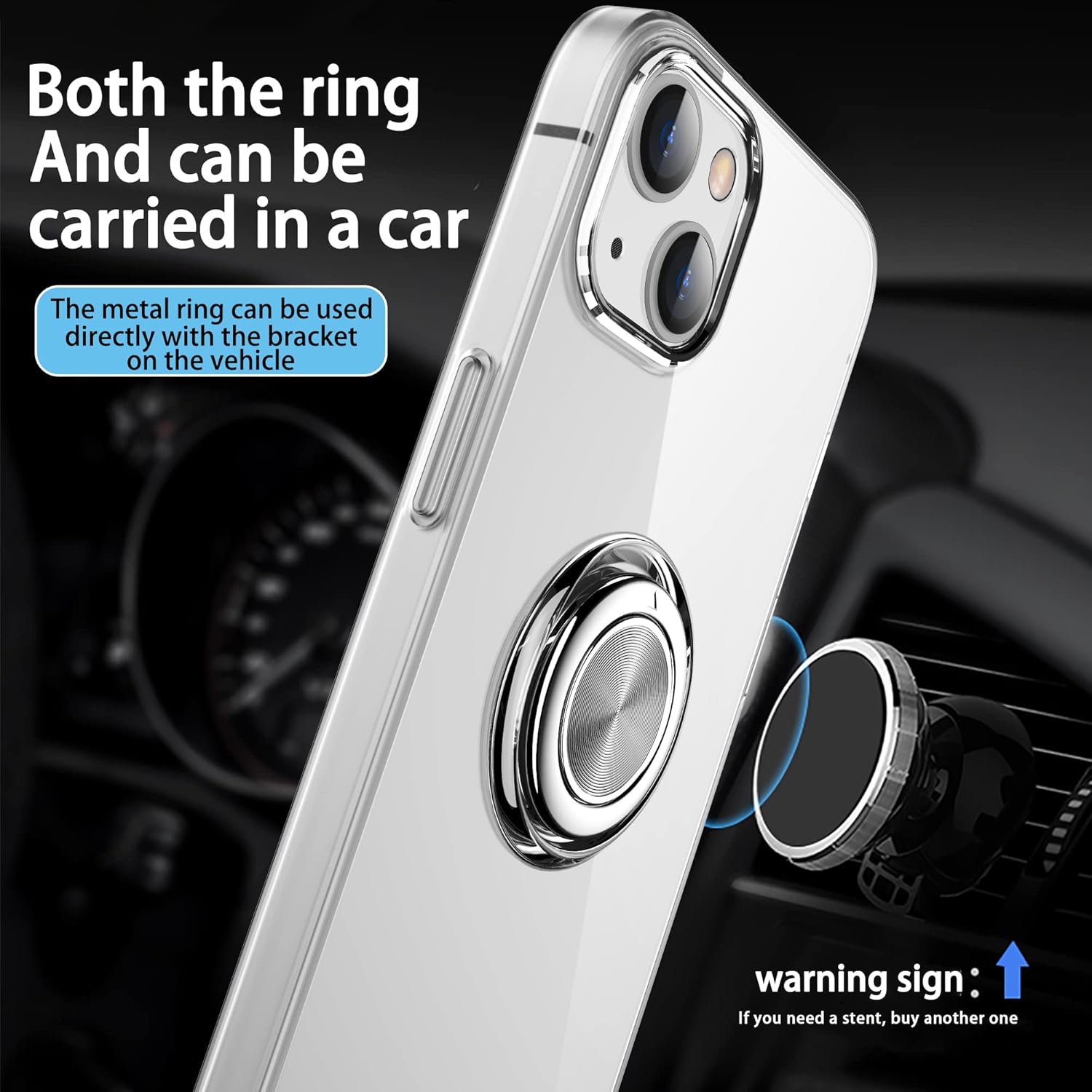 Funda transparente para iPhone 15 con soporte de anillo, funda transparente con correa de mano y soporte, soporte para automóvil, 6.1 pulgadas