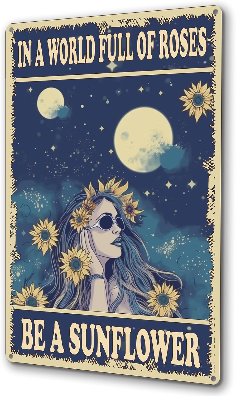 Cartel inspirador de girasol con texto en inglés “In A World Full of Roses Be A Sunflower” (En un mundo lleno de rosas, sé un girasol), decoración