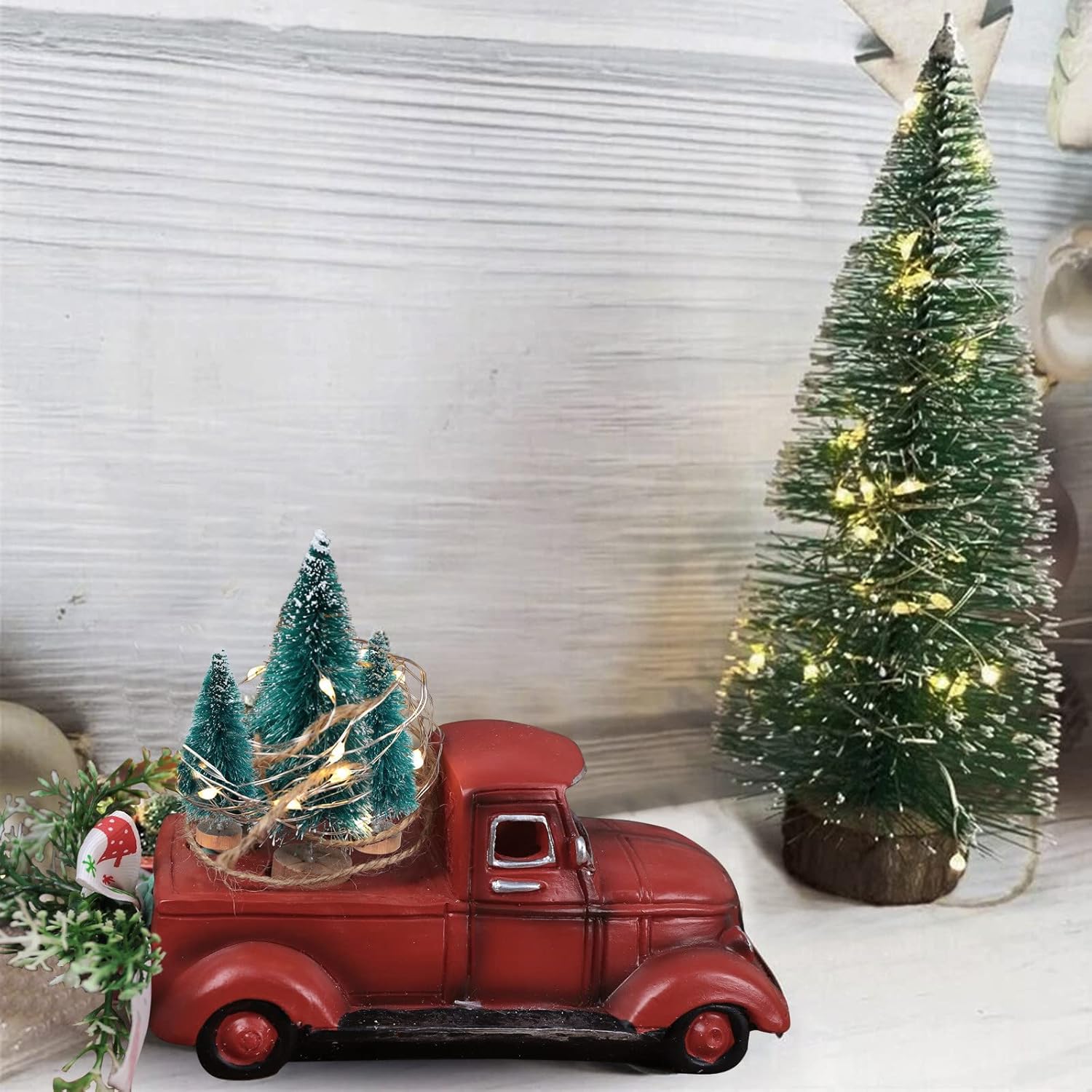 Adorno vintage de Navidad rojo para camioneta brillante de árbol de Navidad, decoración de manualidades rústicas rojas para fiesta en el hogar