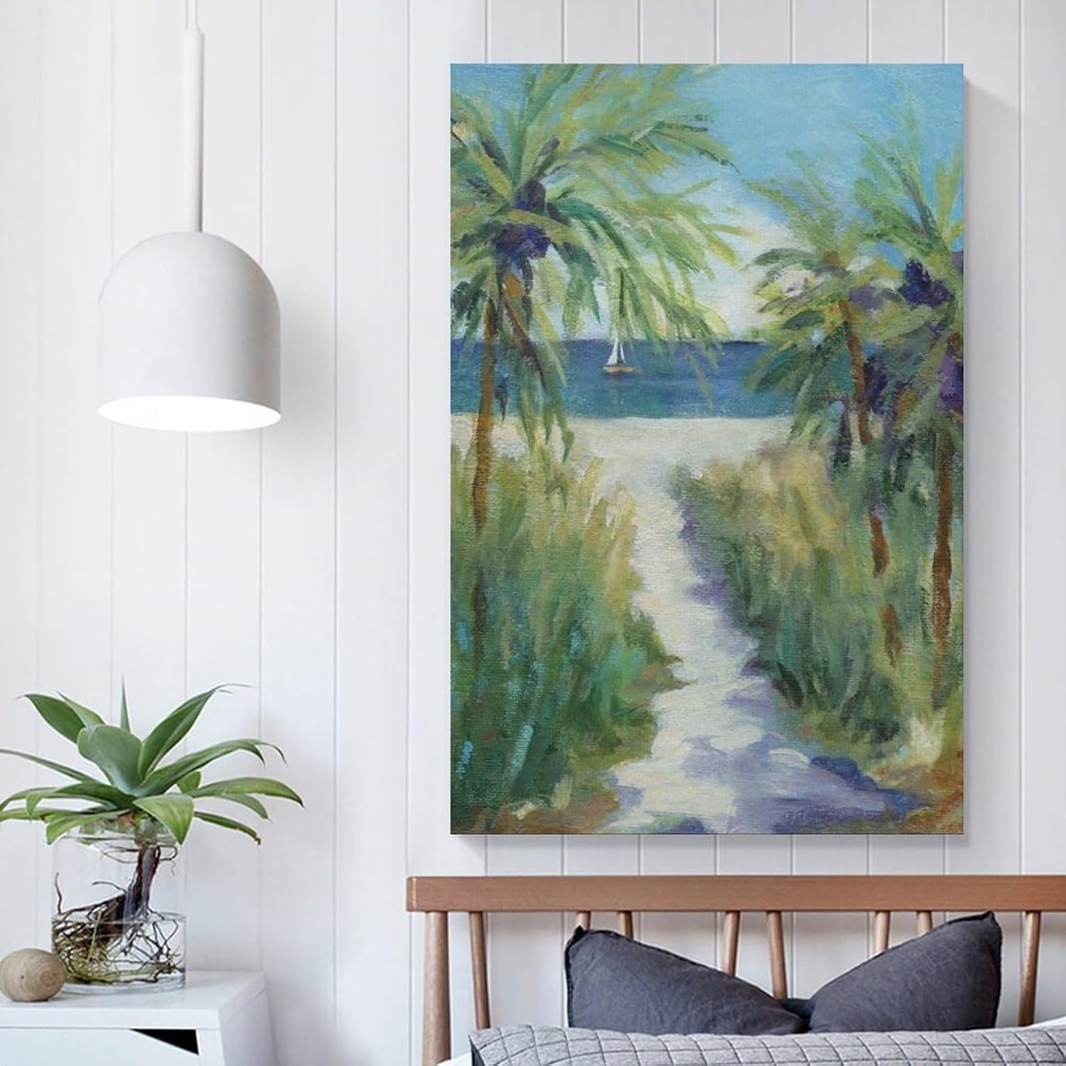 Póster de paisaje de camino a la playa con palmeras, decoración de baño, decoración de bar, pósteres de pared, lienzo, impresiones artísticas para