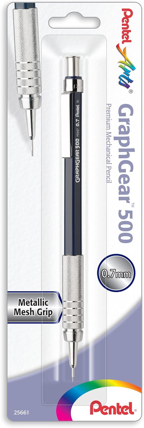 Pentel Arts GraphGear 500 – Lápiz de dibujo premium, 0.028 in, barril azul, paquete de 1 (PG527CPABP)