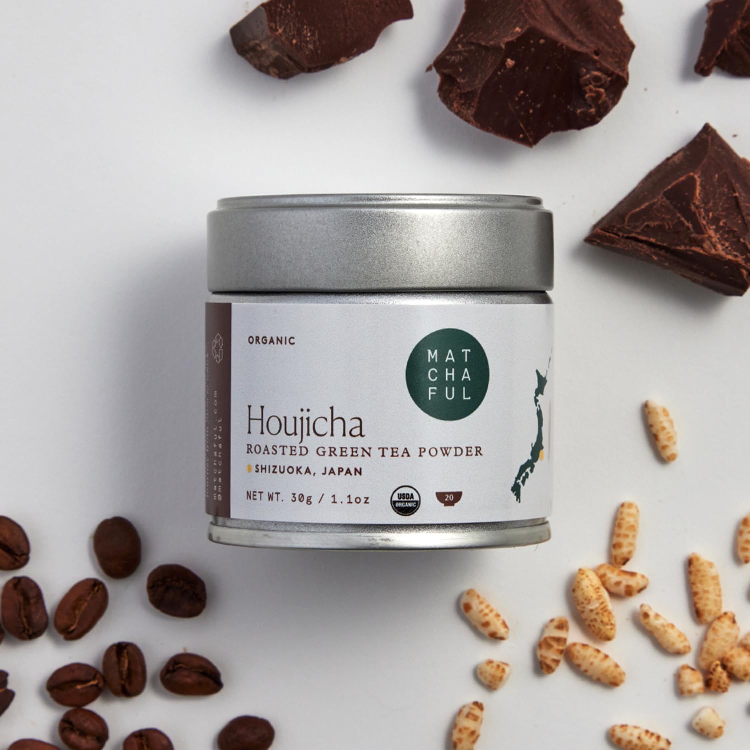 Matchaful – Houjicha Powder – Té verde tostado orgánico. Suave y terroso con notas de degustación de café, arroz inflado, cacao. Disfruta caliente o