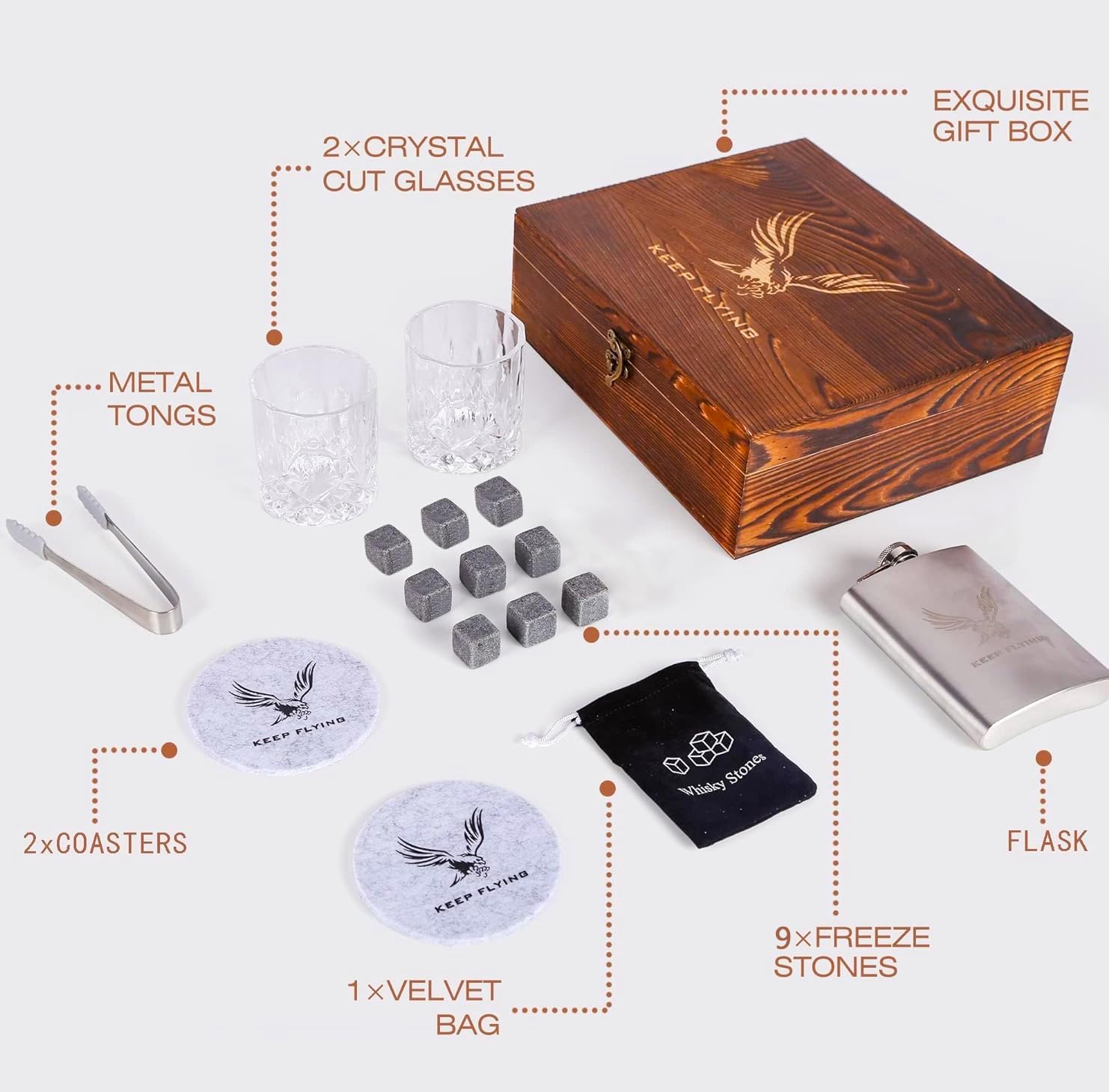 JROUTH Juego de 2 vasos de whisky y frasco, piedras de borbón, regalo para hombres, incluye vasos de cristal de whisky, rocas de granito, posavasos