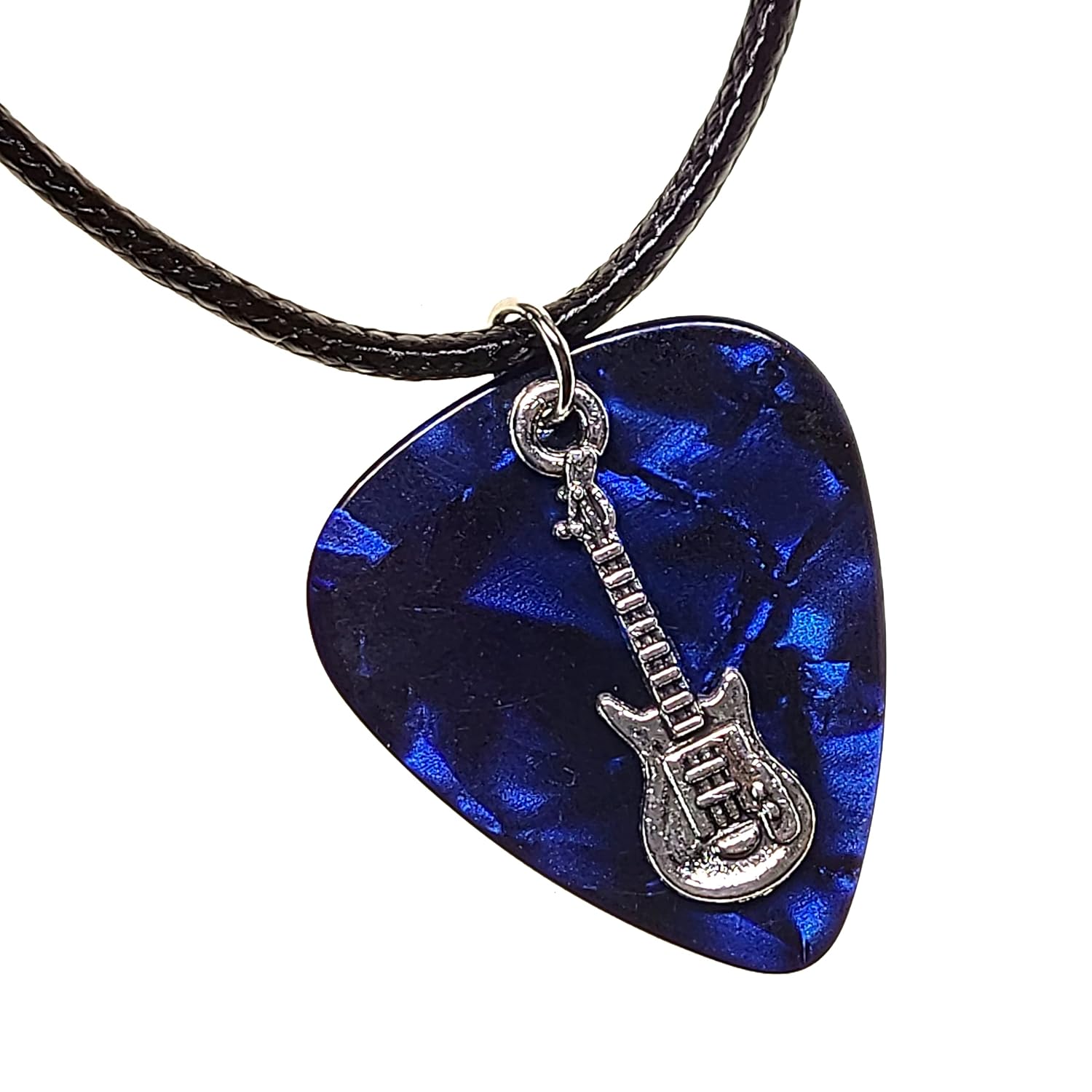 Guitar Pick Necklace with Electric Guitar Charm & Vegan Leather Cord Chain (Blue)