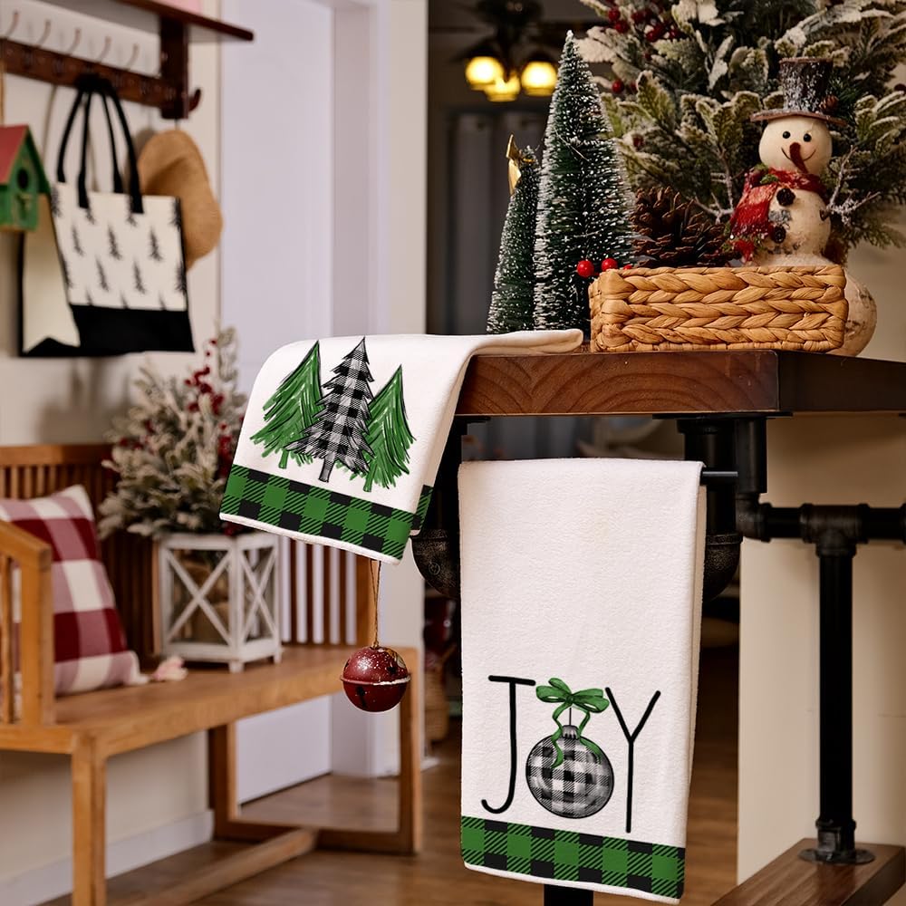 ARKENY AD141 – Juego de 2 paños de cocina de Navidad, diseño de búfalo verde, diseño de árbol de Navidad, 18 x 26 pulgadas, decoración de Noel para