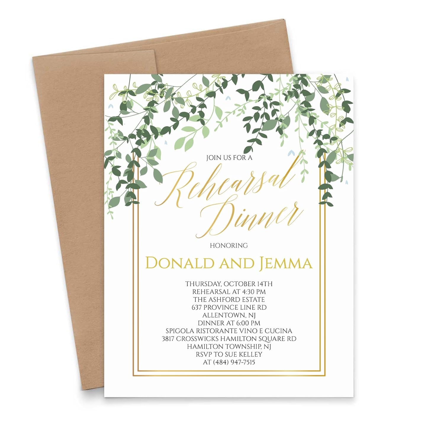 Elegant Greenery Rehearsal Dinner Invitation, Gold Rehearsal Dinner Party Invites Personalized, Your choice of Quantity and Envelope Color