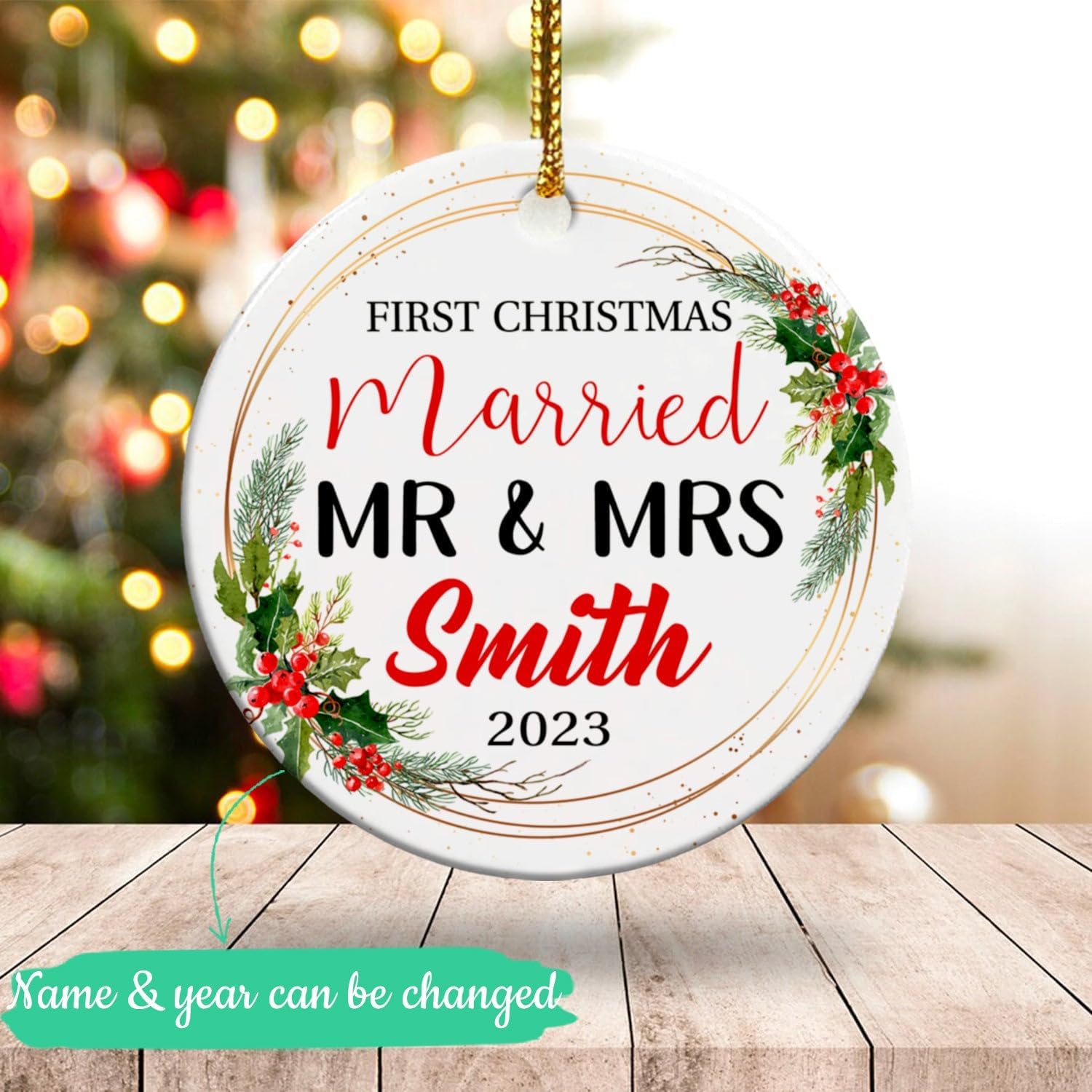 Adorno personalizado de cerámica para casados para la primera Navidad 2023, adorno de cerámica de Navidad personalizado para parejas recién casadas,