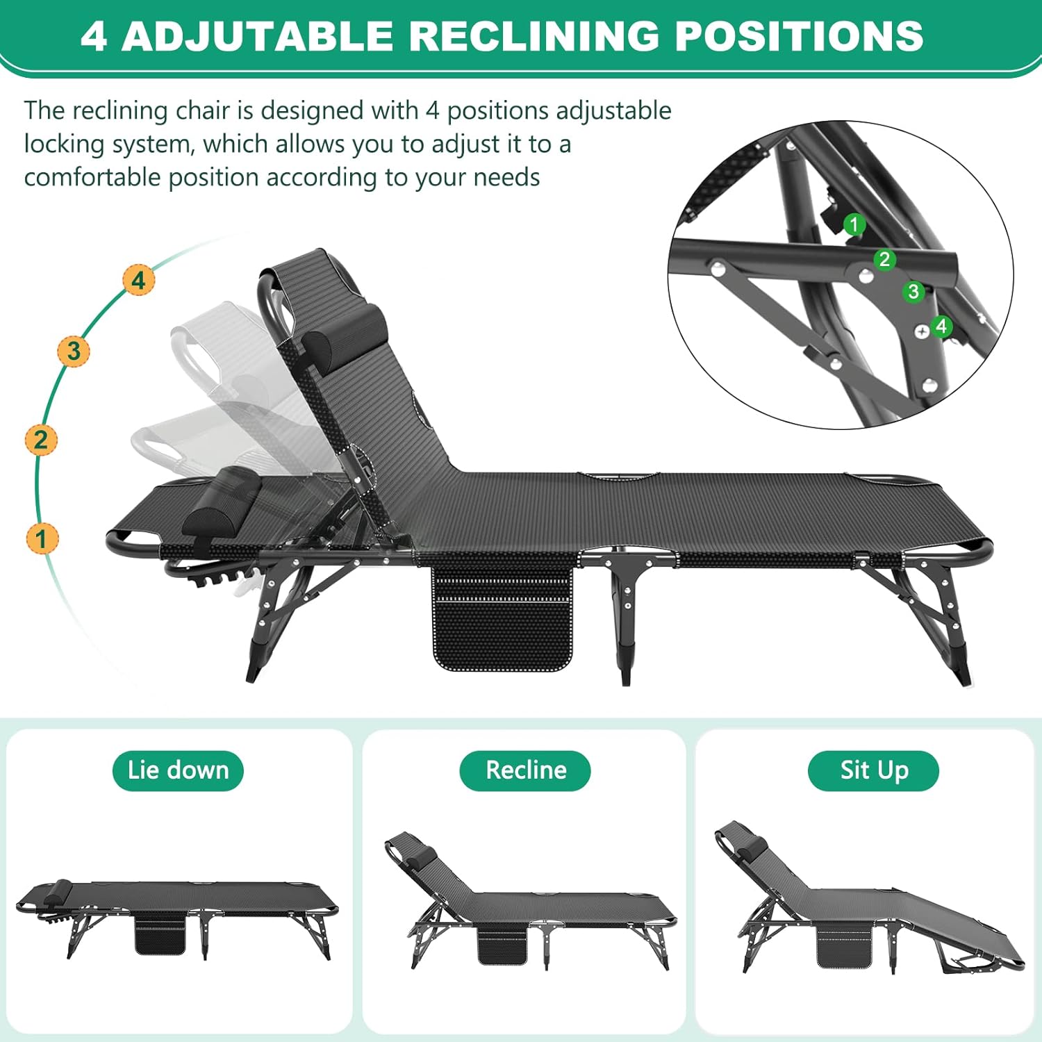 NAIZEA Sillón plegable para exteriores, catre plegable 3 en 1 con colchón, sillas reclinables de patio de 4 posiciones, silla reclinable plegable