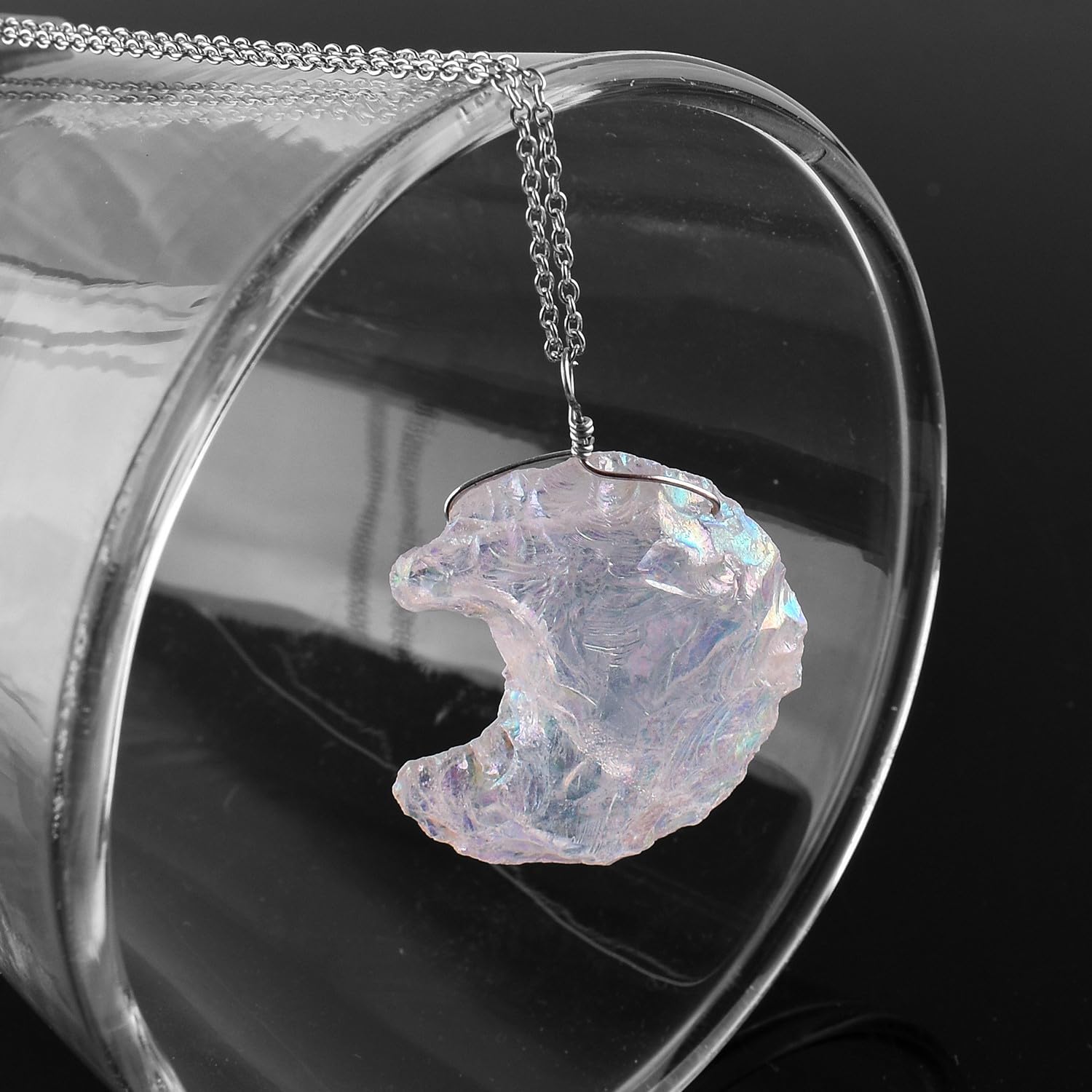 Moon-Shaped Angel Aura Quartz Pendant – Artisan Hammered Finish – Rhodium Plated Sterling Silver – Celestial Healing Crystal Necklace – Fashionable