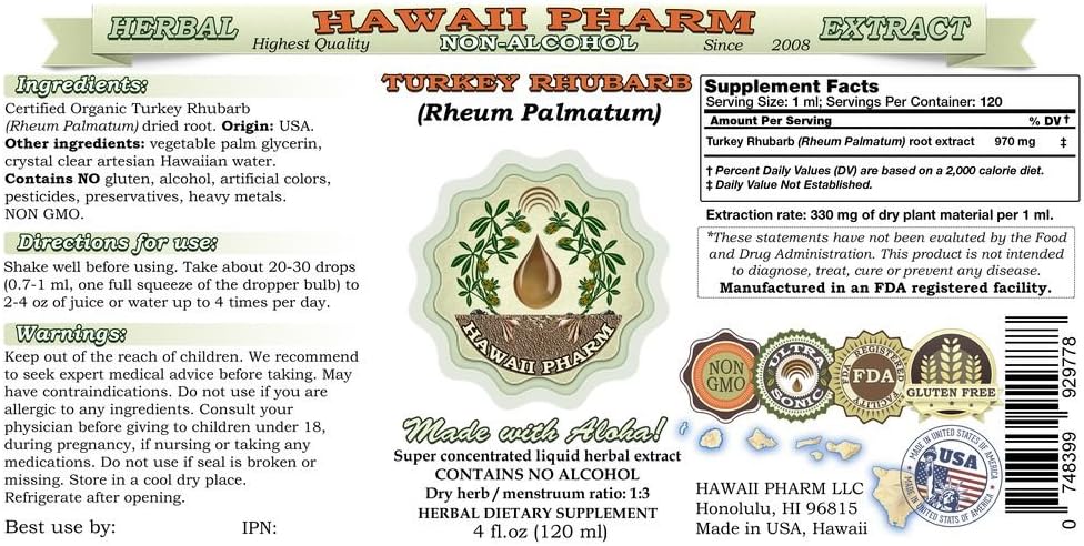 Extracto líquido sin alcohol de ruibarbo de pavo, ruibarbo de pavo orgánico (Rheum Palmatum) Glicerito de raíz seca 2 onzas