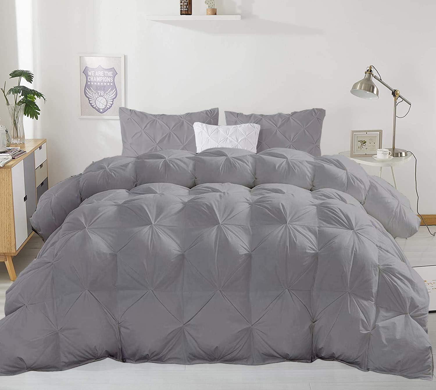 Juego de edredón plisado de 5 piezas de 5 piezas (edredón + 4 fundas de almohada), tamaño King, color gris plateado, 1000 hilos, para todas las