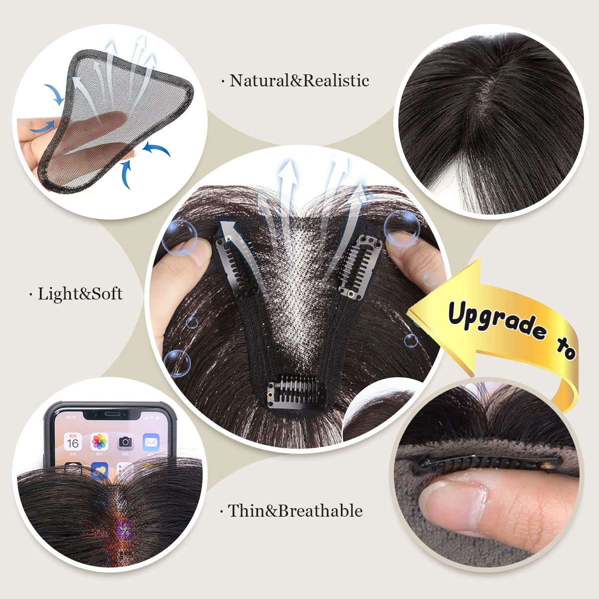 Toppers de cabello humano real para mujer, sin flequillo, extensiones de cabello superior para pelucas de adelgazamiento, base de encaje mejorada,