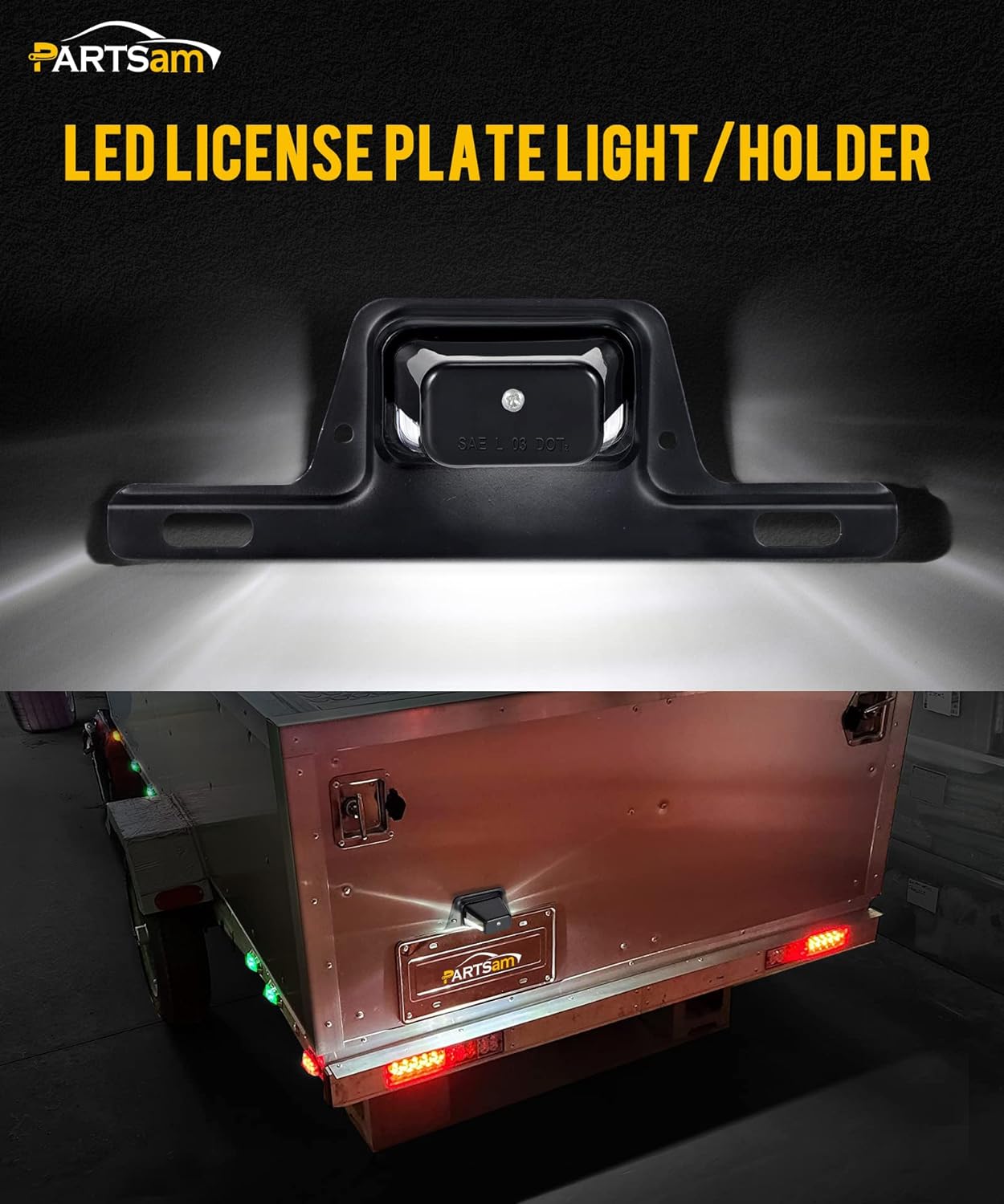 Partsam Luz LED para matrícula, impermeable, 12 V CC, con soporte, orificio de drenaje, soporte de acero, carcasa de ABS, lente de PC para remolque,