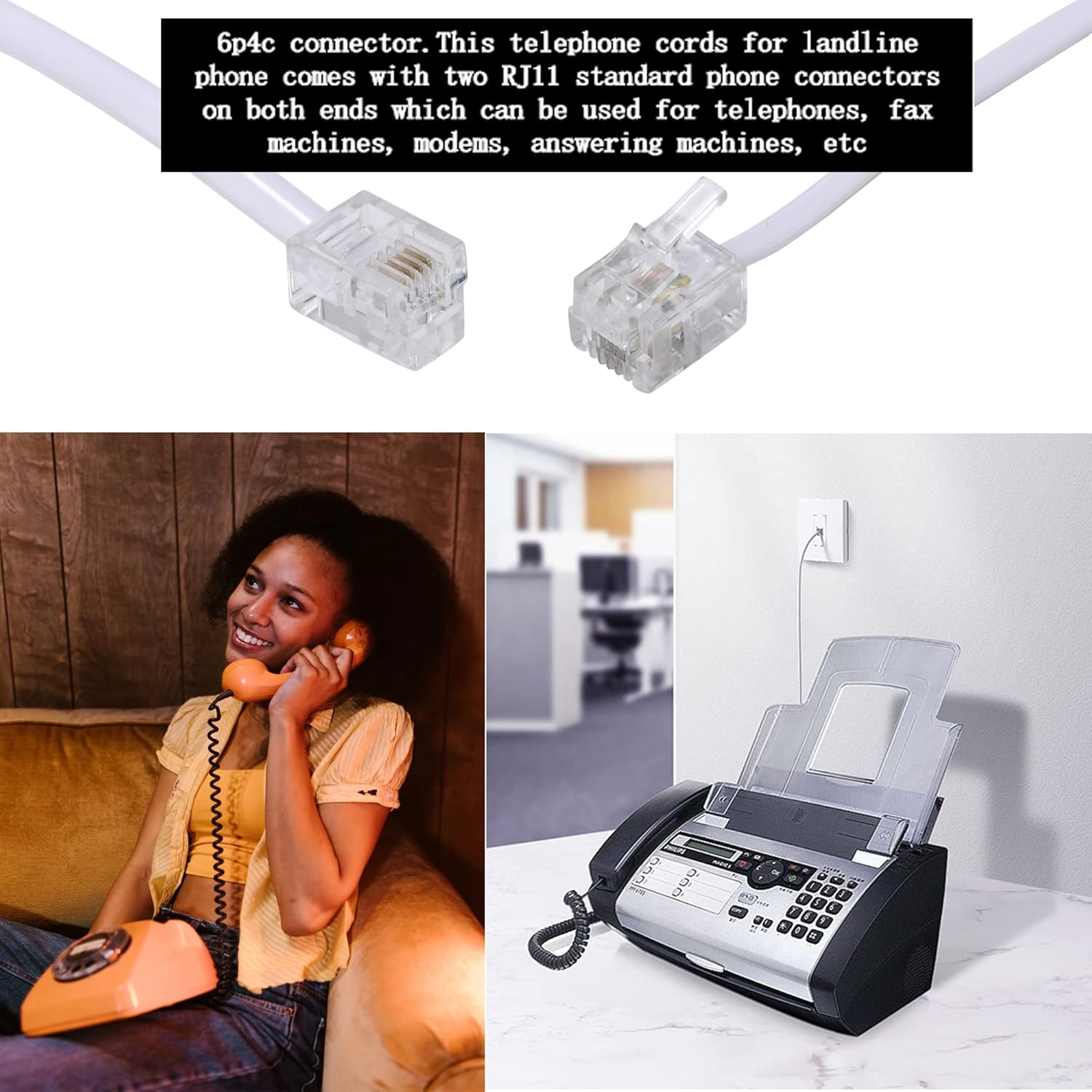Cable de extensión de teléfono de 100 pies de largo, con enchufe RJ11 estándar y 1 acoplador en línea y 35 soportes de clip para cables, color blanco