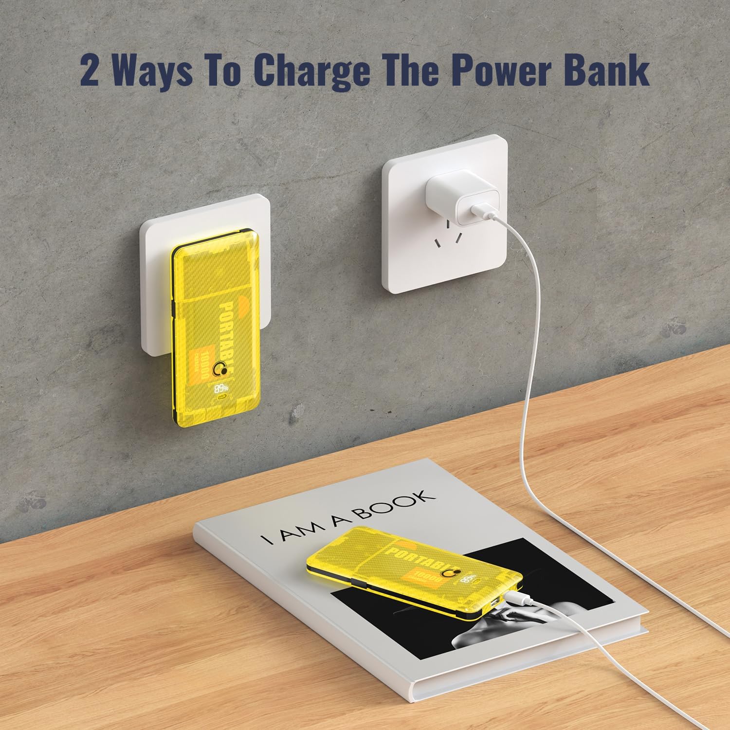 Cargador portátil de 10000 mAh con enchufe de pared de CA, cargador de teléfono Q Slim USB C de 20 W, batería externa con 3 cables integrados