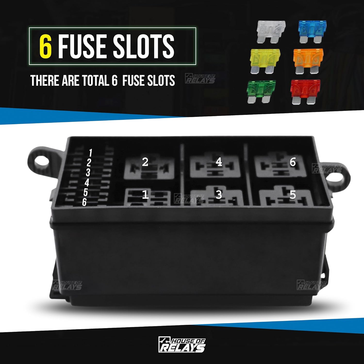 House of Relays Universal 12V DC Relé y bloque de fusibles con 5 pines JD1914 40A y 1 relés RTT7121 de 4 pines de 4 pines, 6 fusibles ATCATO, caja