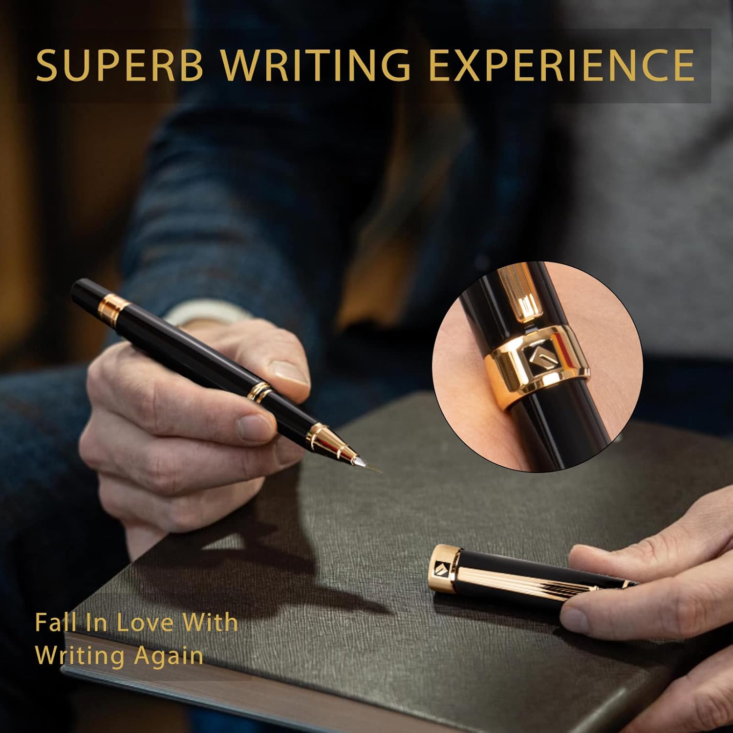 Keyzor Bolígrafo de lujo laca negra con ribete de oro real de 24 quilates Schmidt bolígrafo de primera calidad bolígrafo negro ejecutivo caja de - Imagen 5