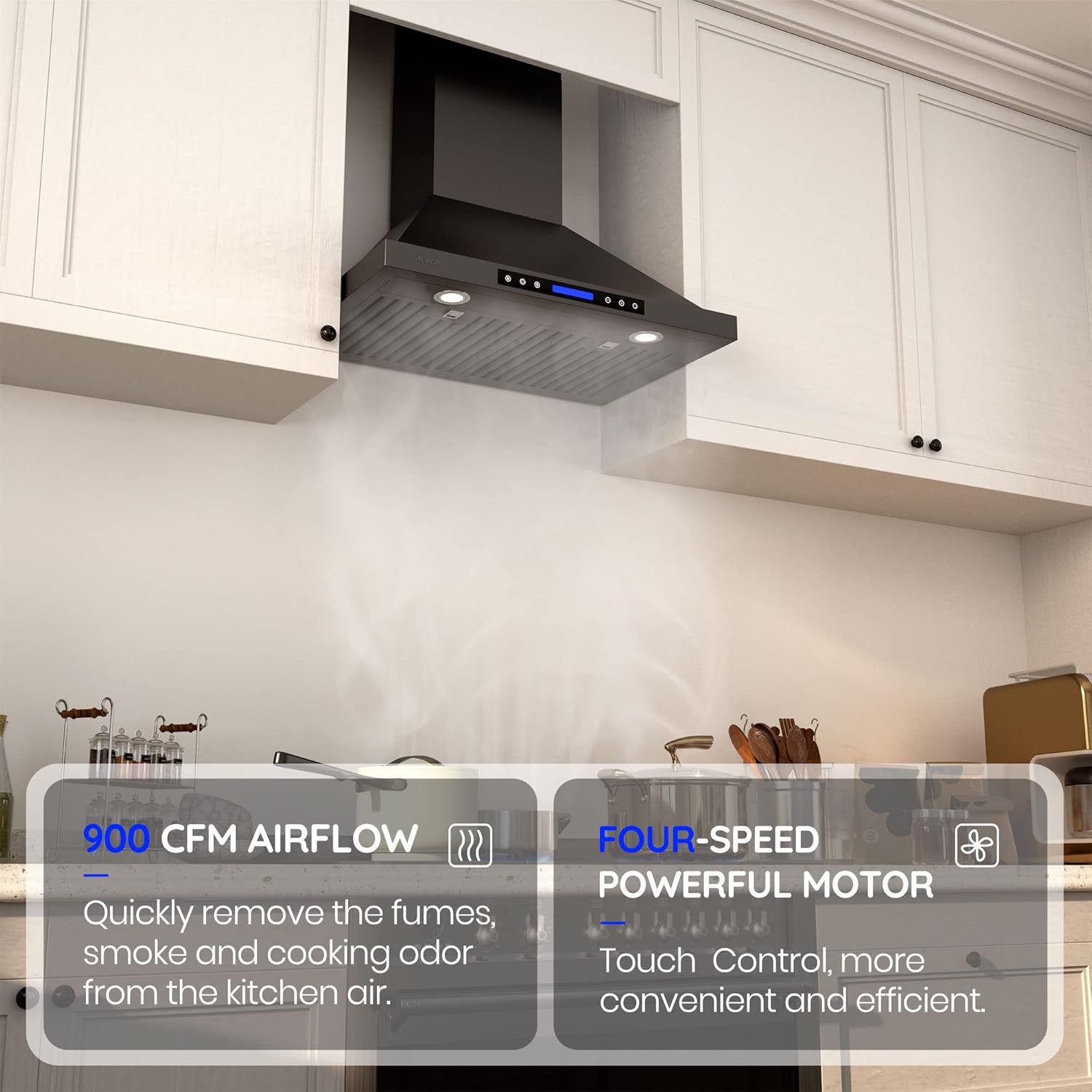 EKON NAP02 – Campana extractora negra de 900 CFM, montaje en pared, conductossin conductos, convertible para cocina, ventilación de chimenea, 4
