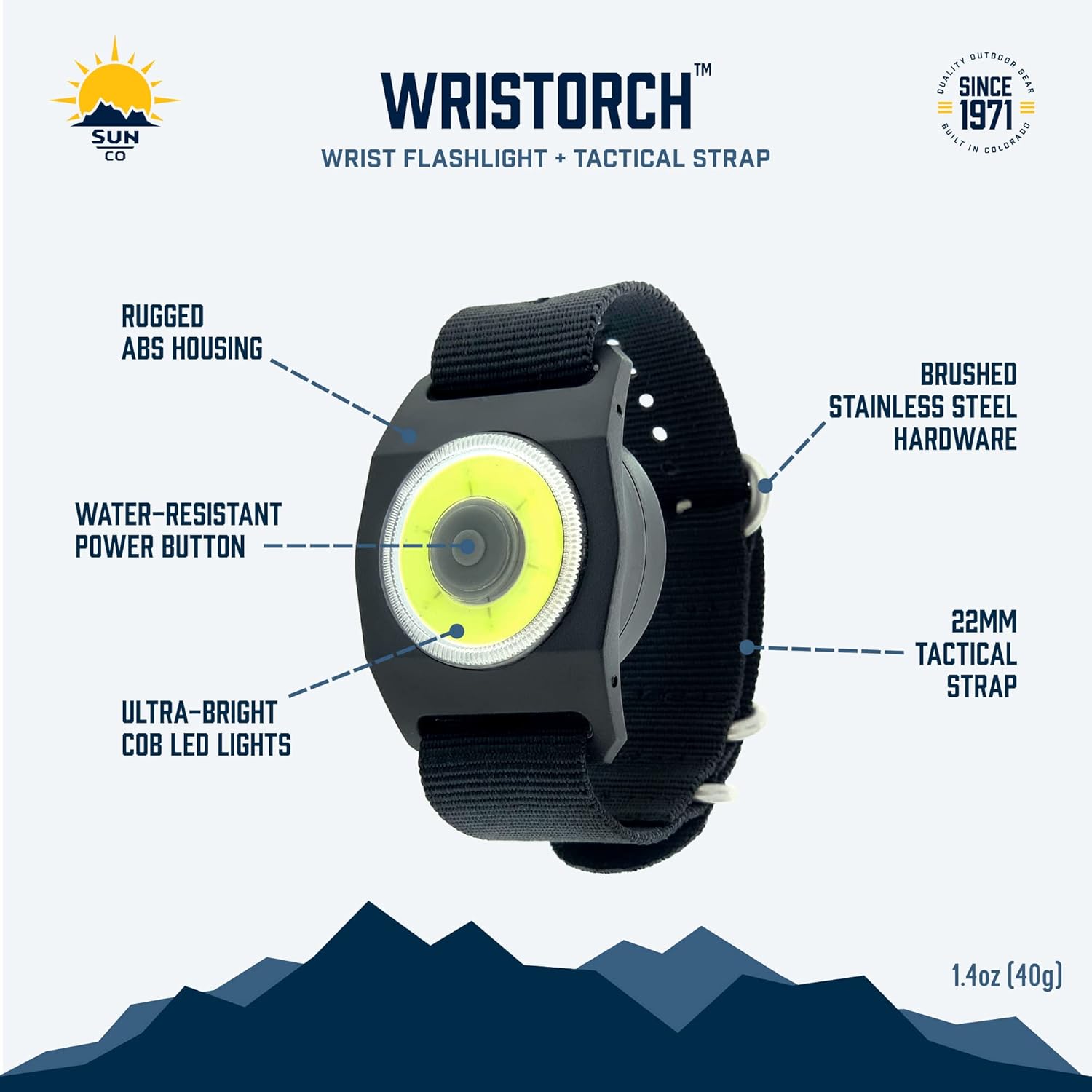 Sun Company WrisTorch – Linterna COB de muñeca con correa táctica Zulu  Luz LED manos libres para camping, senderismo, mejoras para el hogar  Luz de