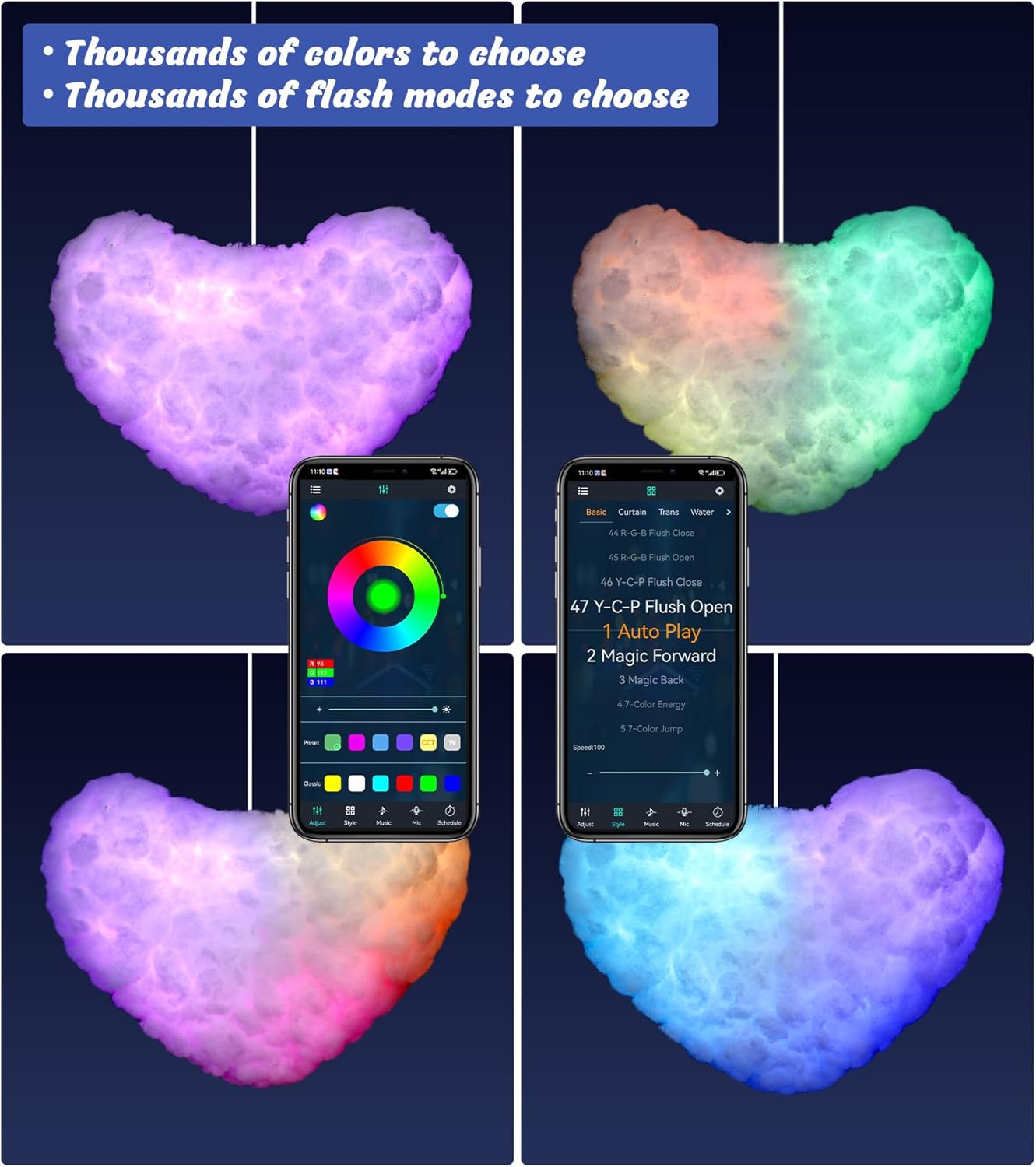 Luces LED de corazón de nube para dormitorio, kit de luz nocturna creativa multicolor, sincronización de música con aplicación, tira cambiante de