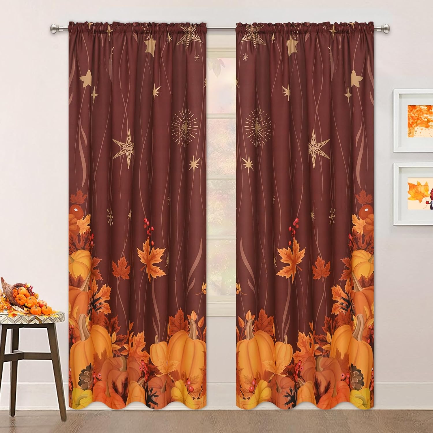 Alishomtll Cortinas de otoño de 63 pulgadas de largo, 2 paneles de cortinas de otoño, decoración de pared, cortinas de ventana de arce de calabaza