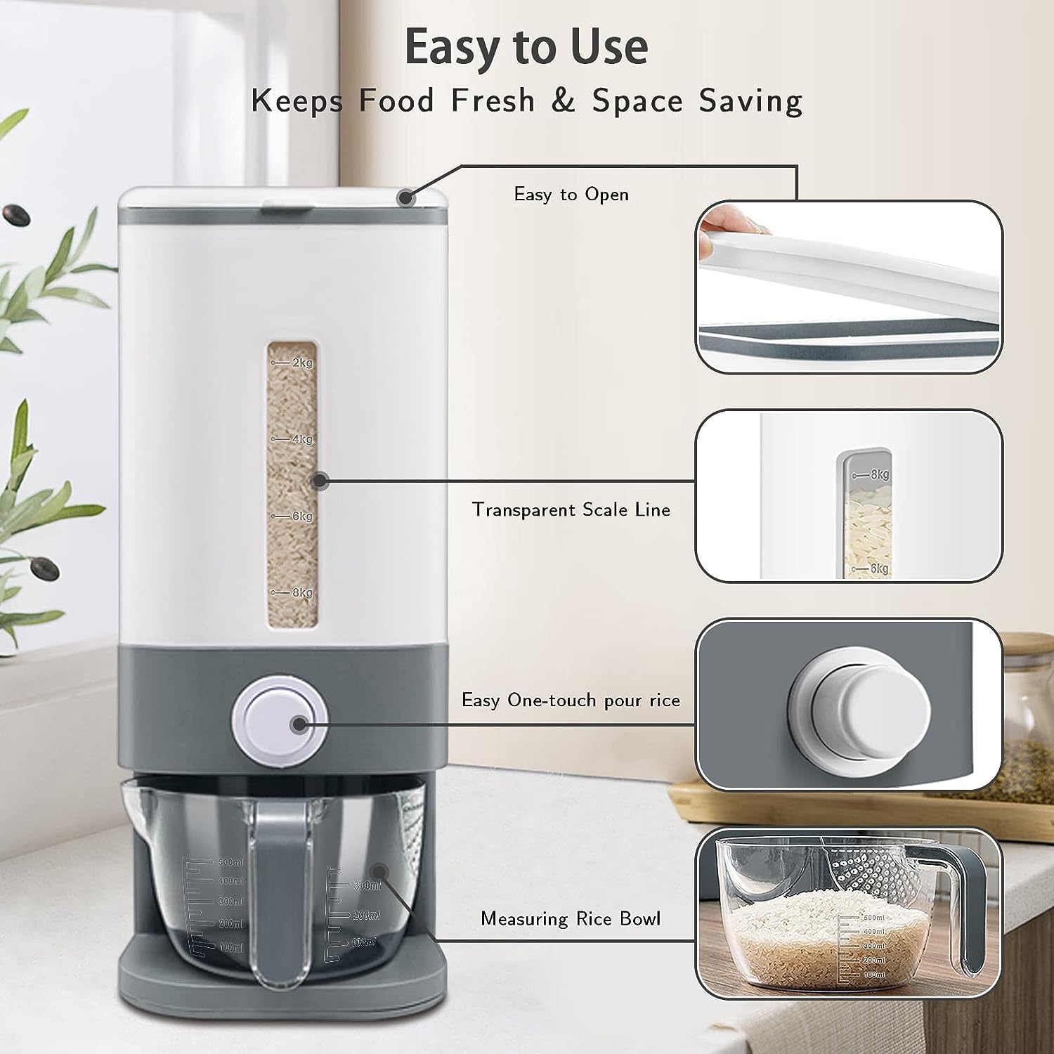 Fastand Dispensador de arroz de 25 libras, recipiente de almacenamiento de alimentos secos de cereales con taza medidora, hermético, a prueba de
