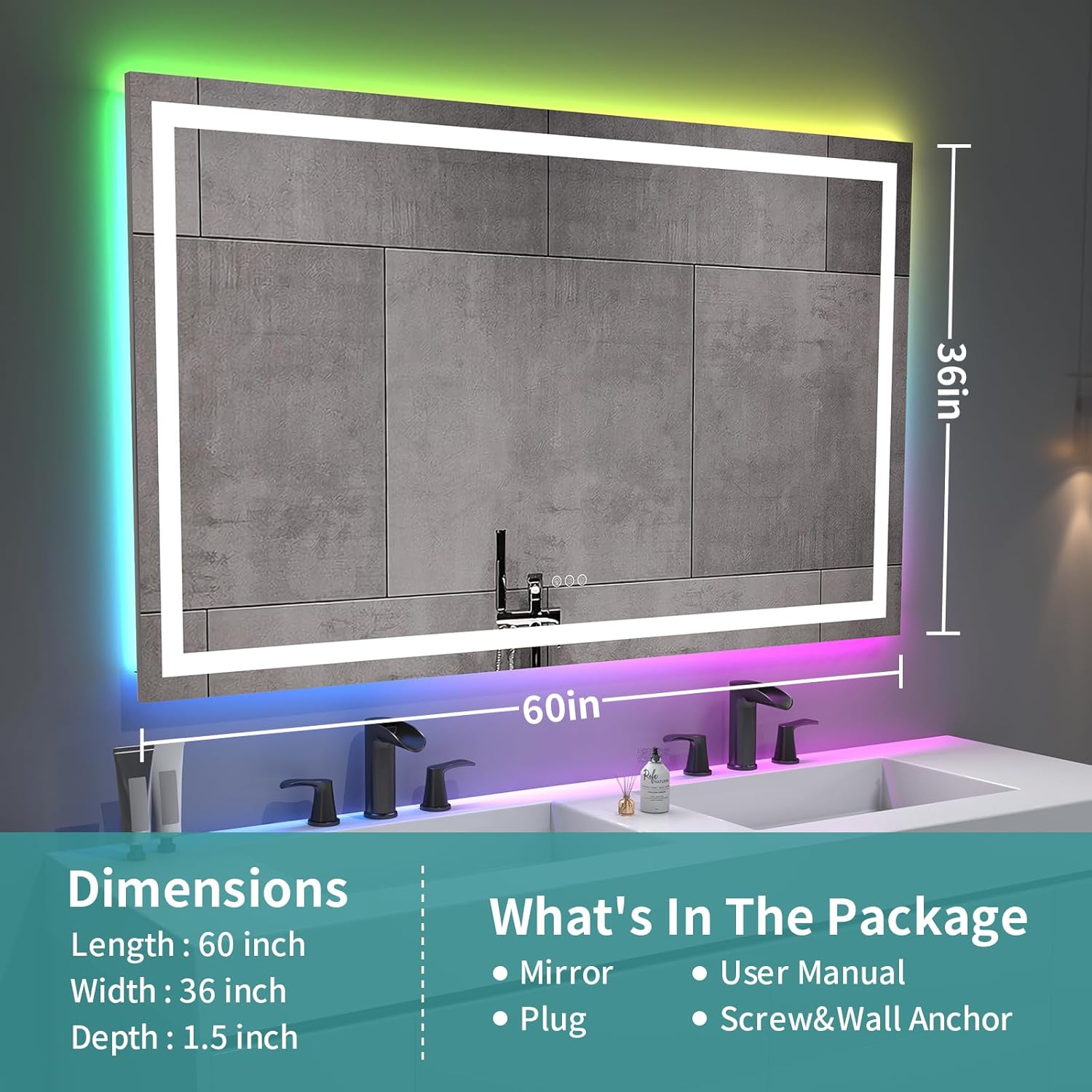 JONKEAN Espejo de baño LED de 60 x 36 pulgadas con luces, espejo LED antivaho montado en la pared para baño, espejos de baño rectangulares con