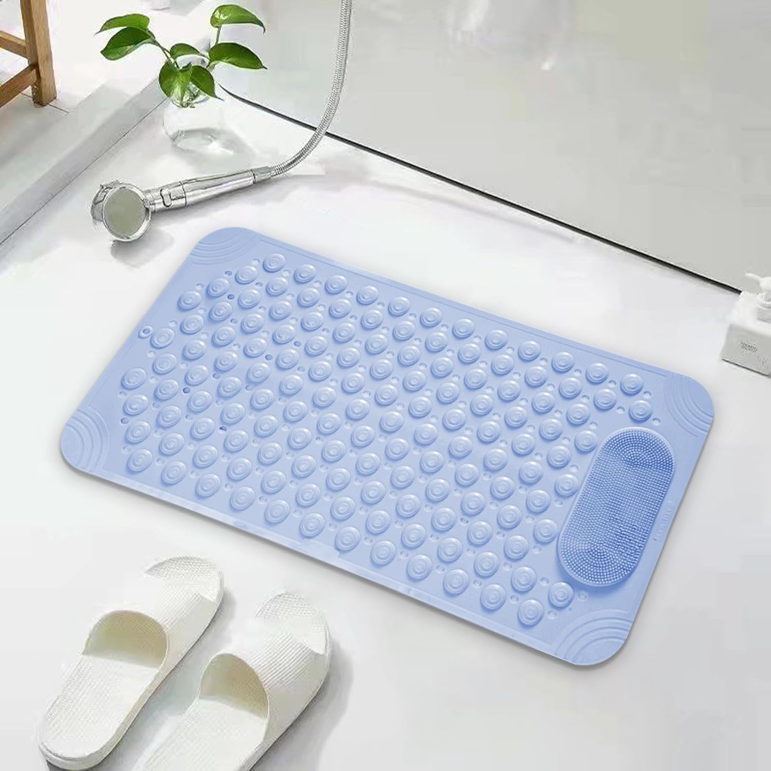YCT Tapete de ducha antideslizante para bañera, con ventosas, orificios de drenaje, masaje de pies, 27.5 x 14.2 pulgadas, azul
