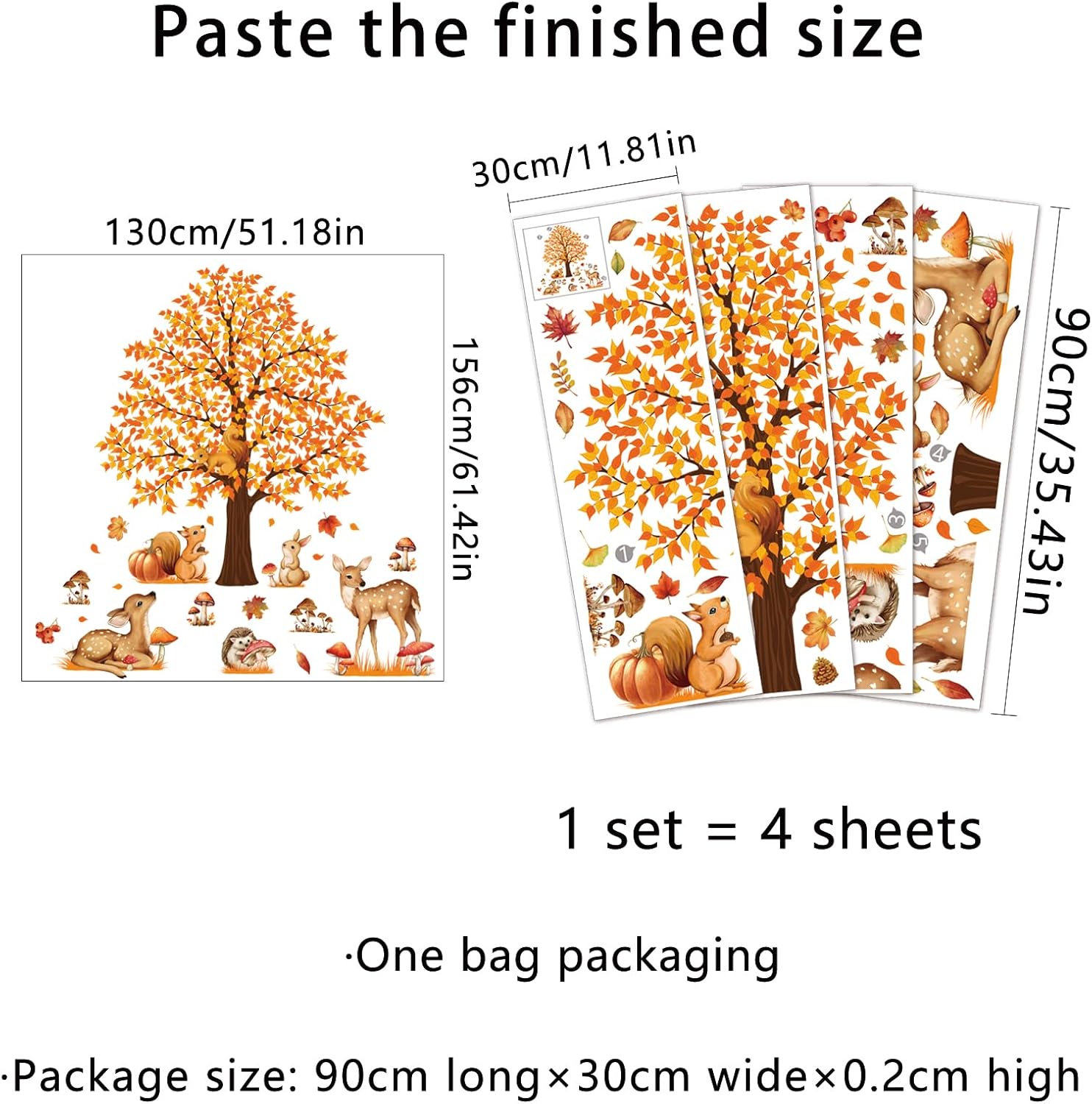 4 hojas de calcomanías de pared de árbol grande de otoño, árbol de arce, bosque de otoño, calcomanías de pared de bricolaje para despegar y pegar,