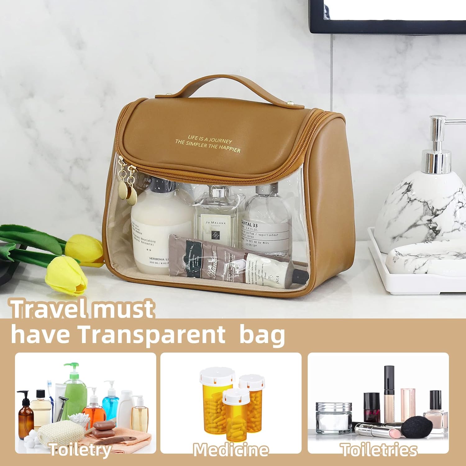 Bolsa de maquillaje transparente portátil con gancho, bolsa de aseo de viaje impermeable, trae bolsa de cosméticos para el cuidado de la piel,