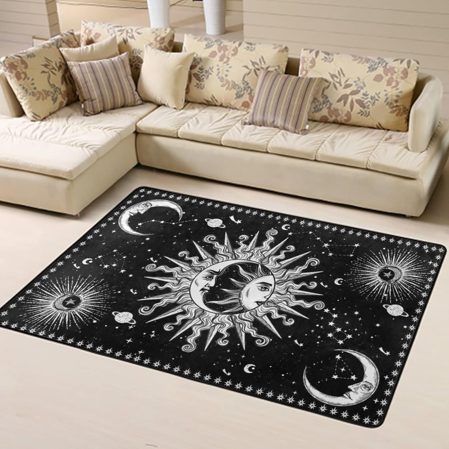 Alfombra estética de sol y luna en blanco y negro con diseño místico de estrellas para interiores y exteriores, 60 x 39 pulgadas