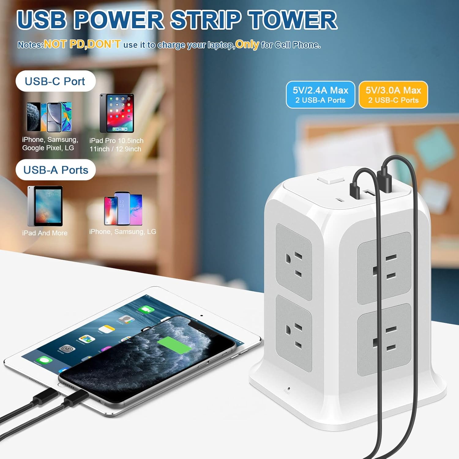 ODOM Torre de regleta USB C con 8 tomas de corriente + 4 puertos USB (2 USB C) + cable de extensión de 6 pies, protector de sobretensiones múltiples