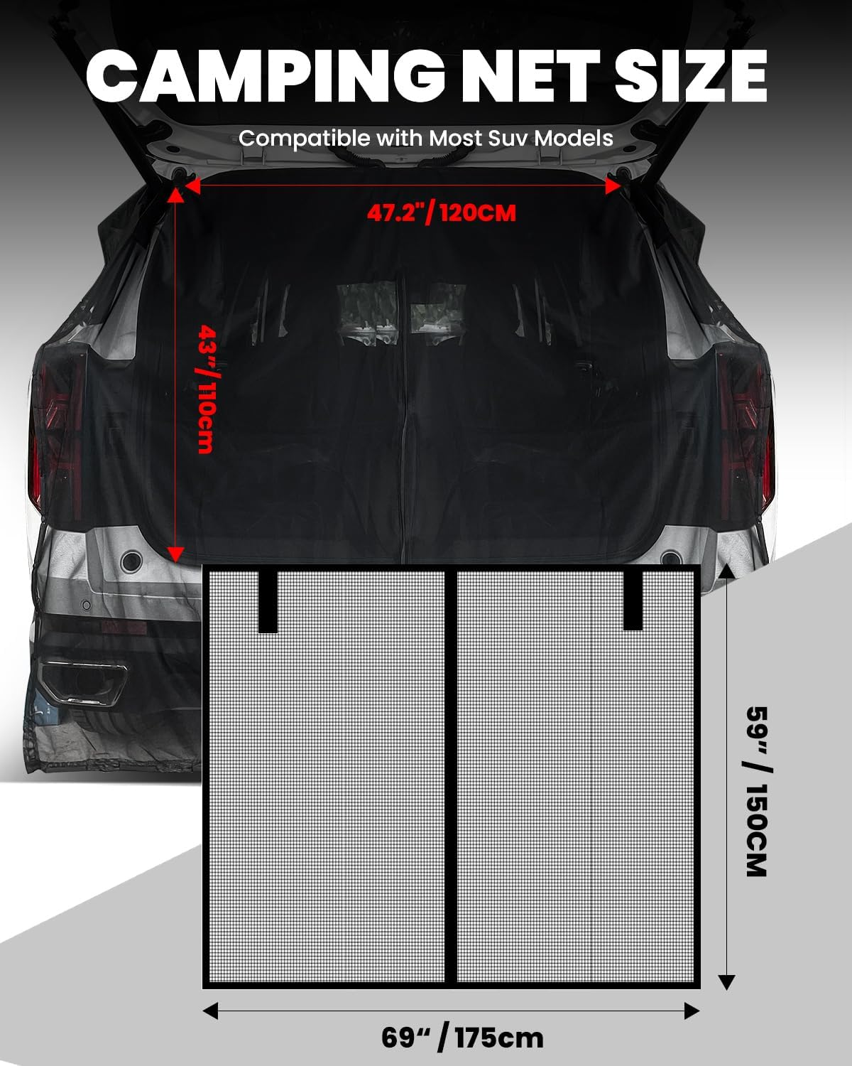 Quickwolf Red de camping para automóvil SUV, pantalla de malla para portón trasero de 69 x 59 pulgadas con accesorio magnético, accesorios ideales