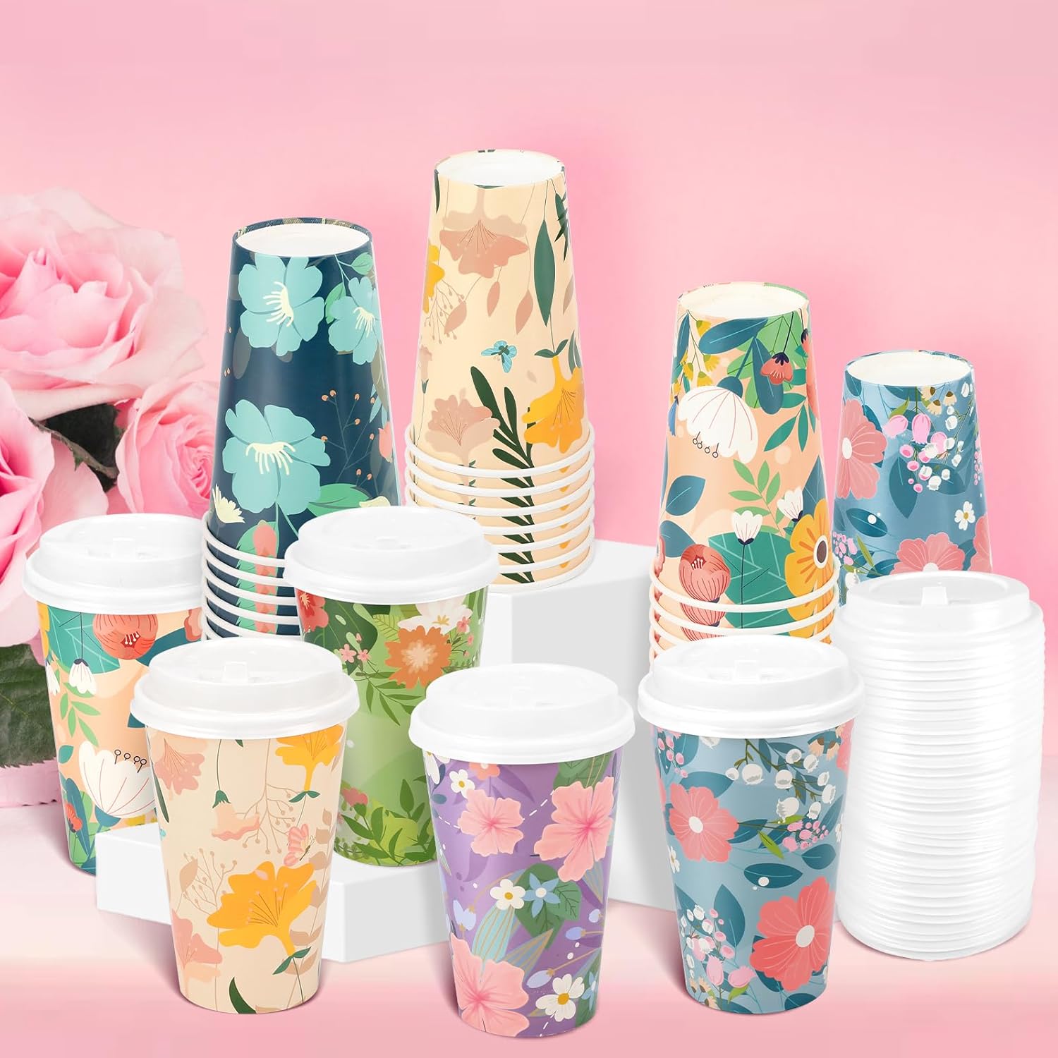 BYMIOYA Vaso de papel desechable de primavera de 16 onzas, 48 piezas con tapas, 6 tazas de papel para beber con diseño floral de primavera para