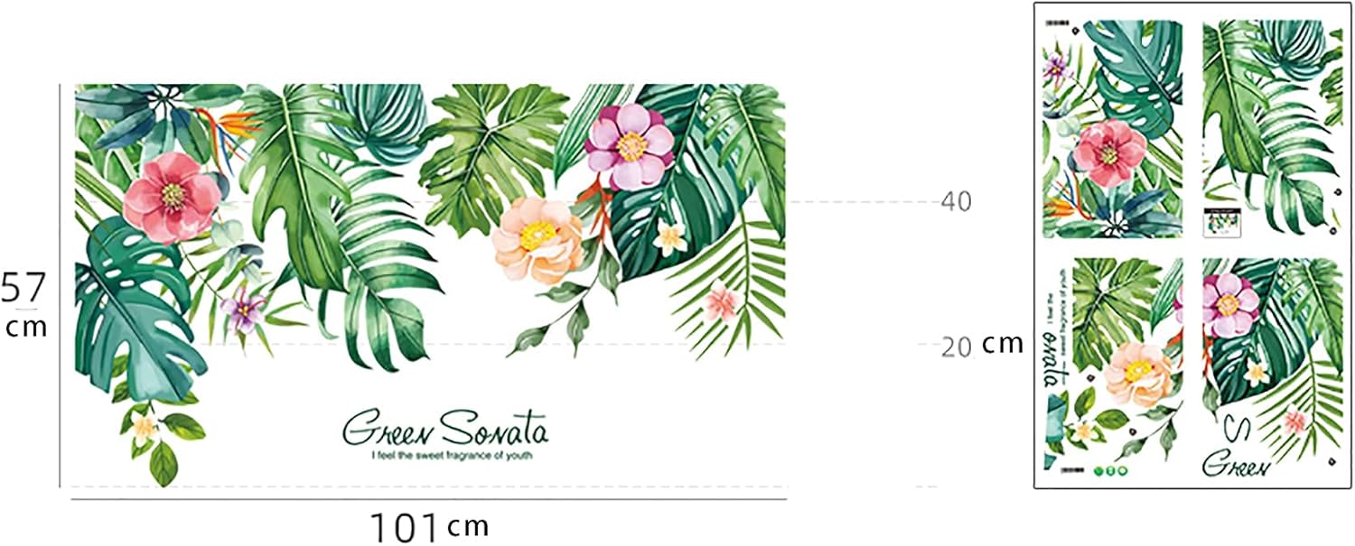 Calcomanías de pared de hojas tropicales, removibles, palmeras verdes de la selva, plantas de árbol, flores, calcomanías de pared para sala de