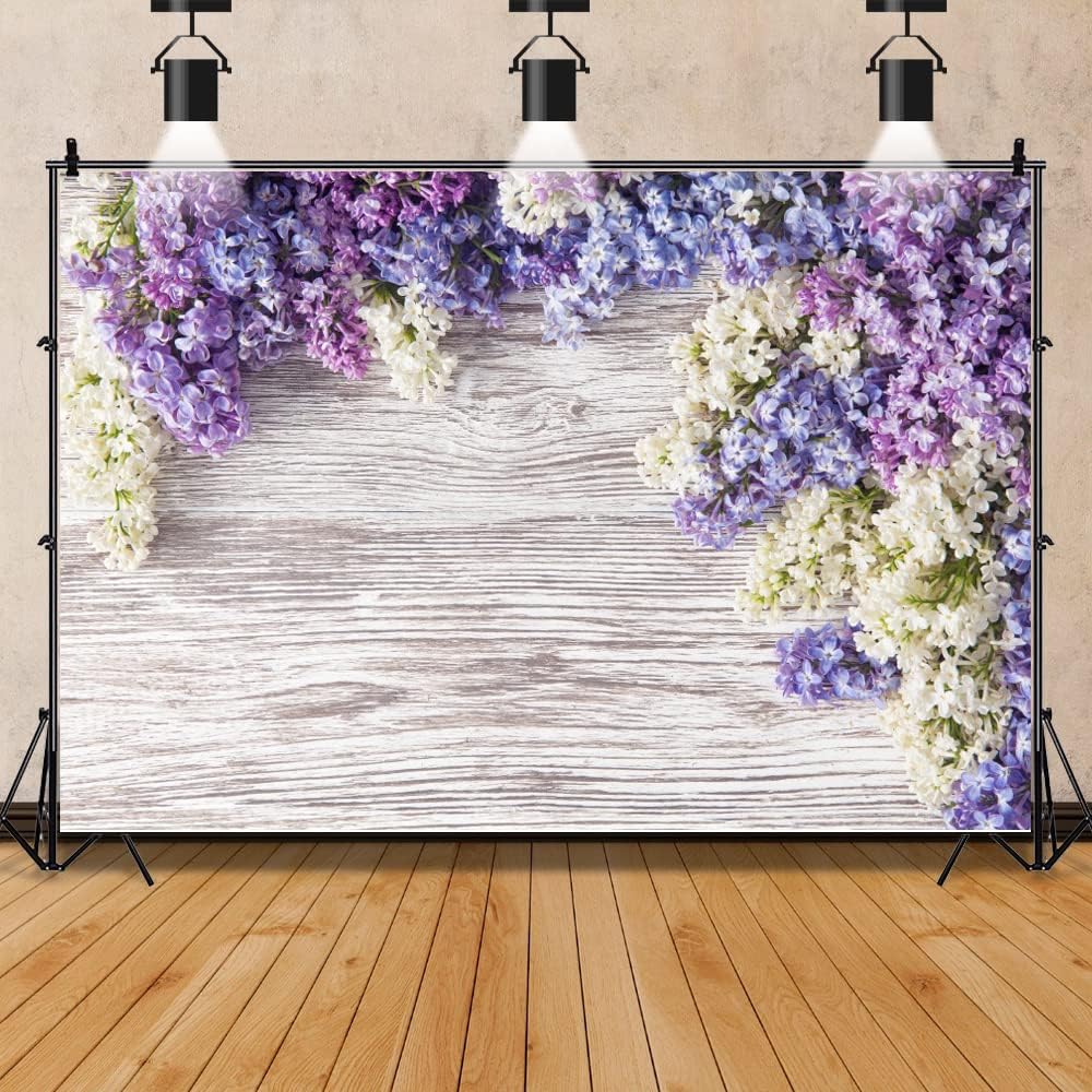 Telón de fondo de madera para bebé recién nacido de 5 x 3 pies, flores moradas lilas, ramo de flores, pared de madera, para niñas y adultos, retrato
