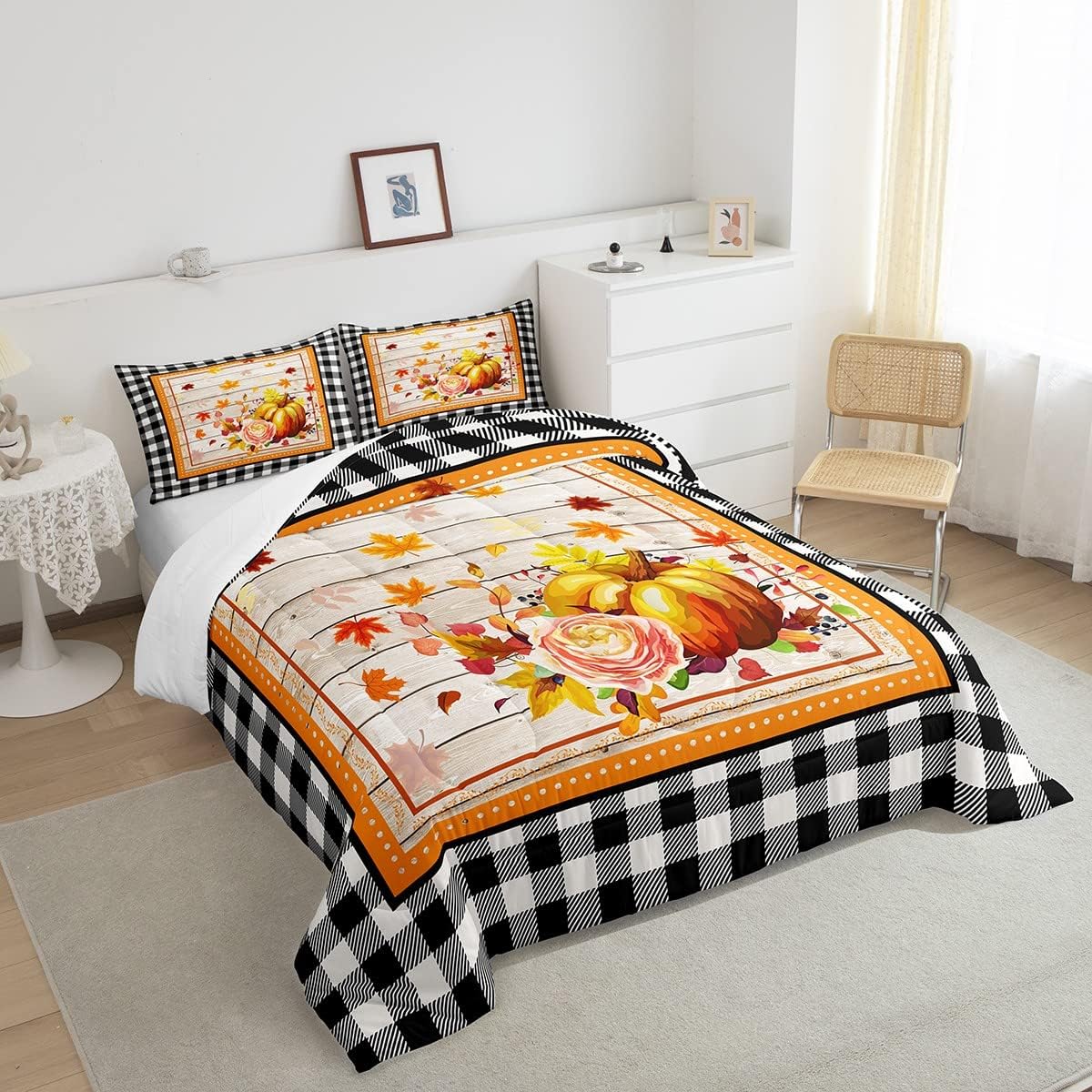 Castle Fairy Juego de edredón de acuarela con flores de calabaza, tamaño individual, juego de edredón con temática de Acción de Gracias, colección