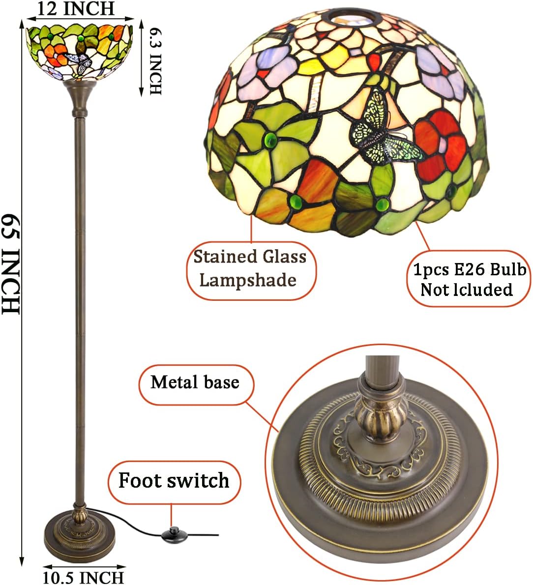 Tiffany – Lámpara de pie estilo mariposa con diseño de flores, antorcha de esquina de pie, 12 pulgadas de profundidad x 12 pulgadas de ancho x 67