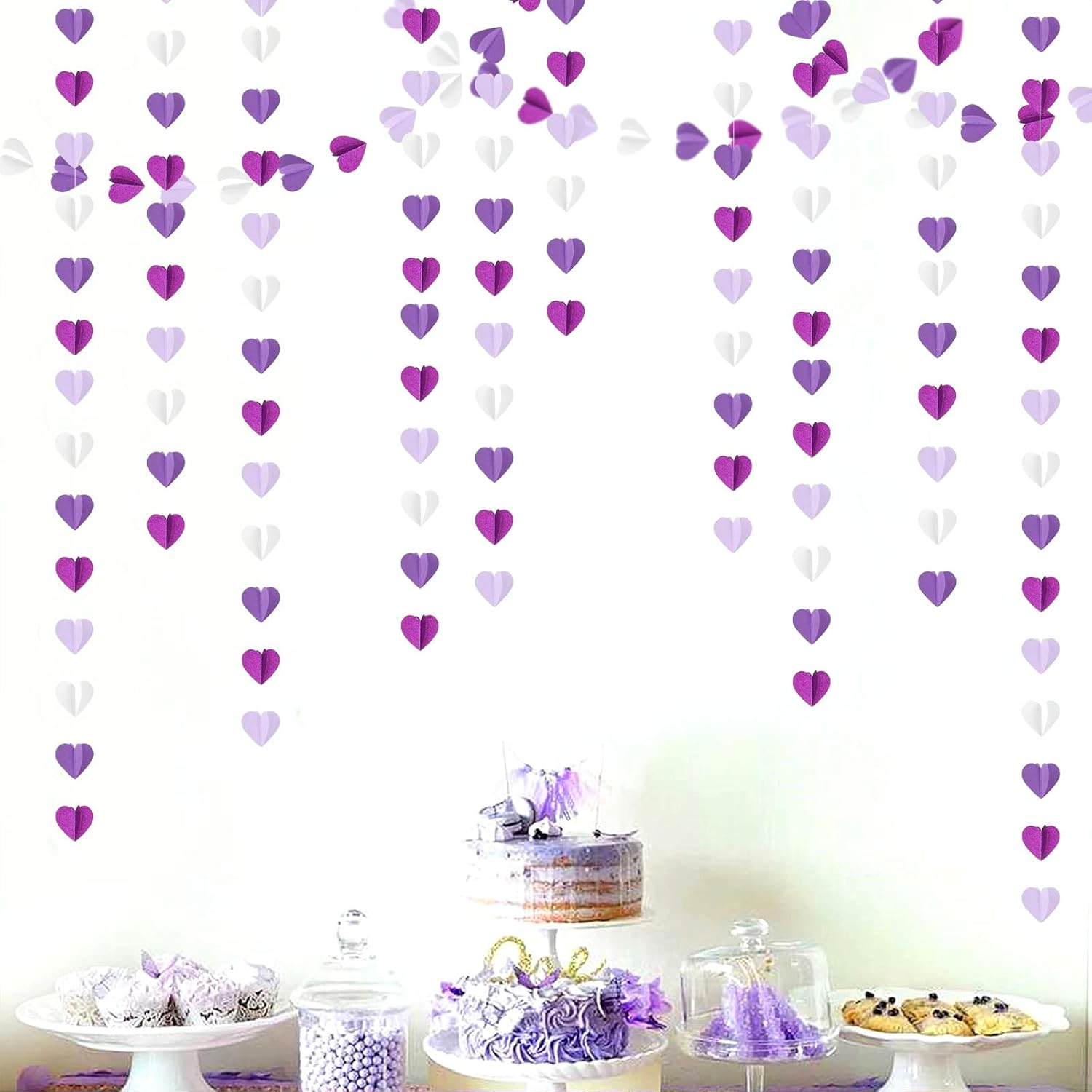 Guirnalda de corazones para decoración de fiesta de lavanda blanca y morada, 39 pies, suministros de cumpleaños 3D para mujeres y niñas, pancarta de