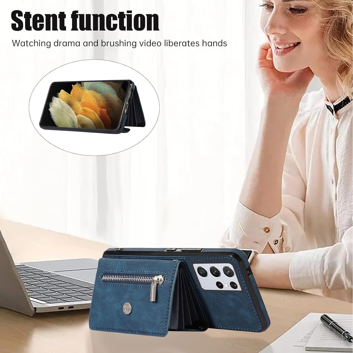 Funda de teléfono para Samsung Galaxy S21 Ultra 5G Funda tipo cartera con protector de pantalla de vidrio templado y correa cruzada para la muñeca,