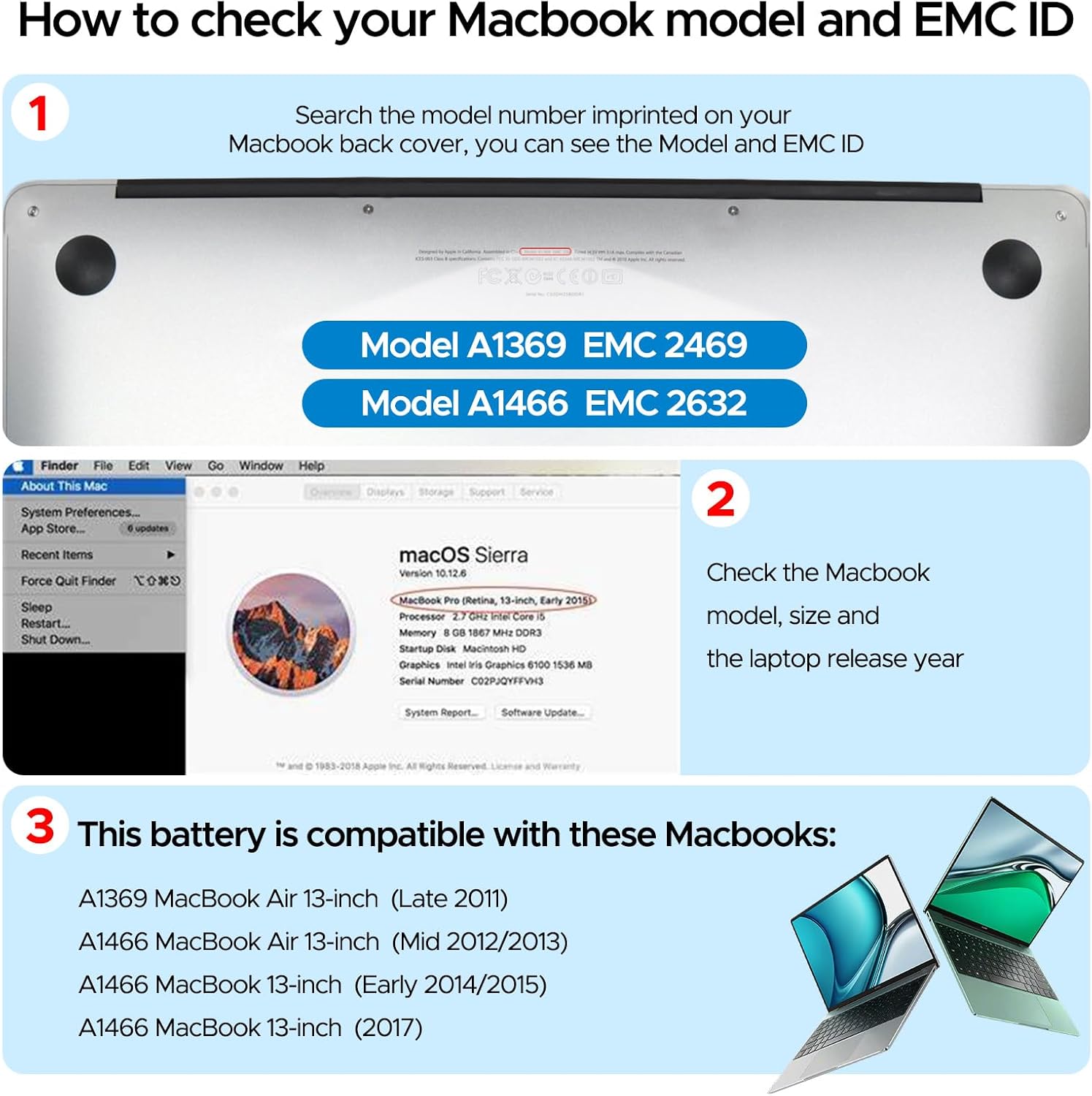 Key Power Batería A1466, repuesto de batería MacBook Air de 13 pulgadas para A1466 (mediados de 20122013, principios de 20142015, 2017), A1369